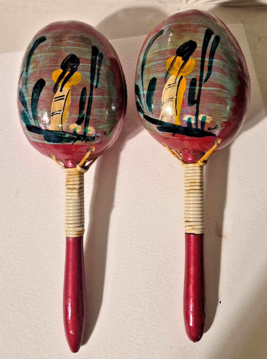 Vintage Mexican Maraca's - Shaker Wood Painted Red Mexican Folk Art Hand Painted