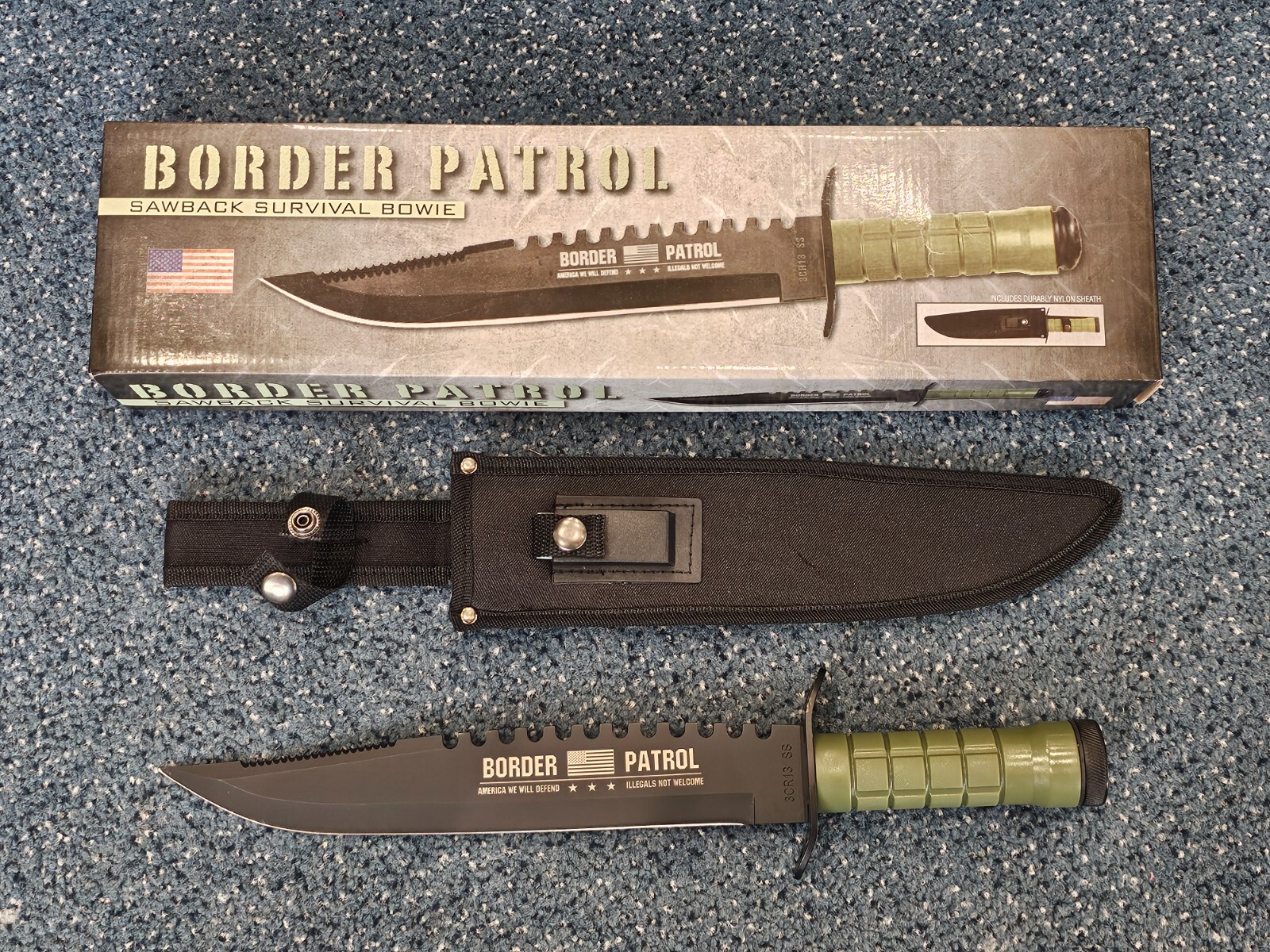 Border Patrol Sawback Survival Bowie Knife w/ Sheath 11" 3CR13 Steel NEW