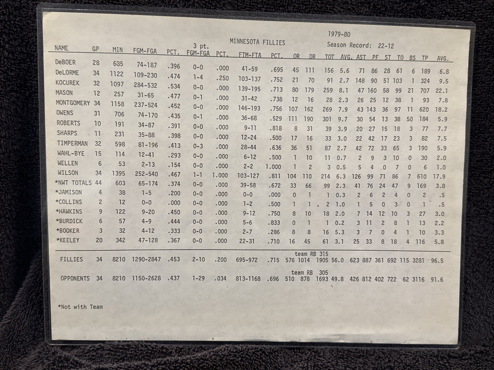 RARE 1979-80 Minnesota Fillies Women's Pro Basketball Roster/Stat Sheet, LOOK!!