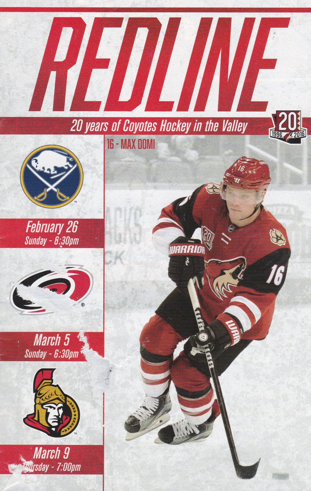 2016-2,3 NHL Hockey Program- Phoenix Coyotes, Sabres, Senators, Hurricanes
