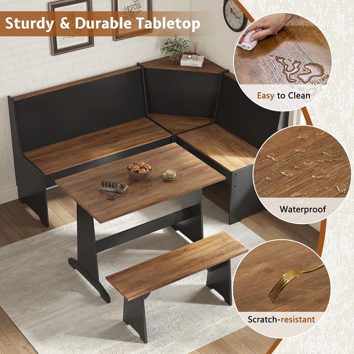 3 Pieces Corner Dining Table Set W/ Hidden Storage L-Shaped Breakfast Nook W/
