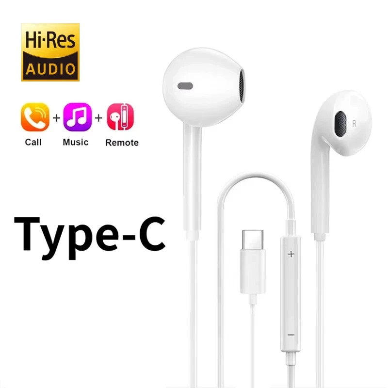 USB C Headphones for iPhone 17 16 15 Wired Type C Earphones Earbuds With Mic Bas