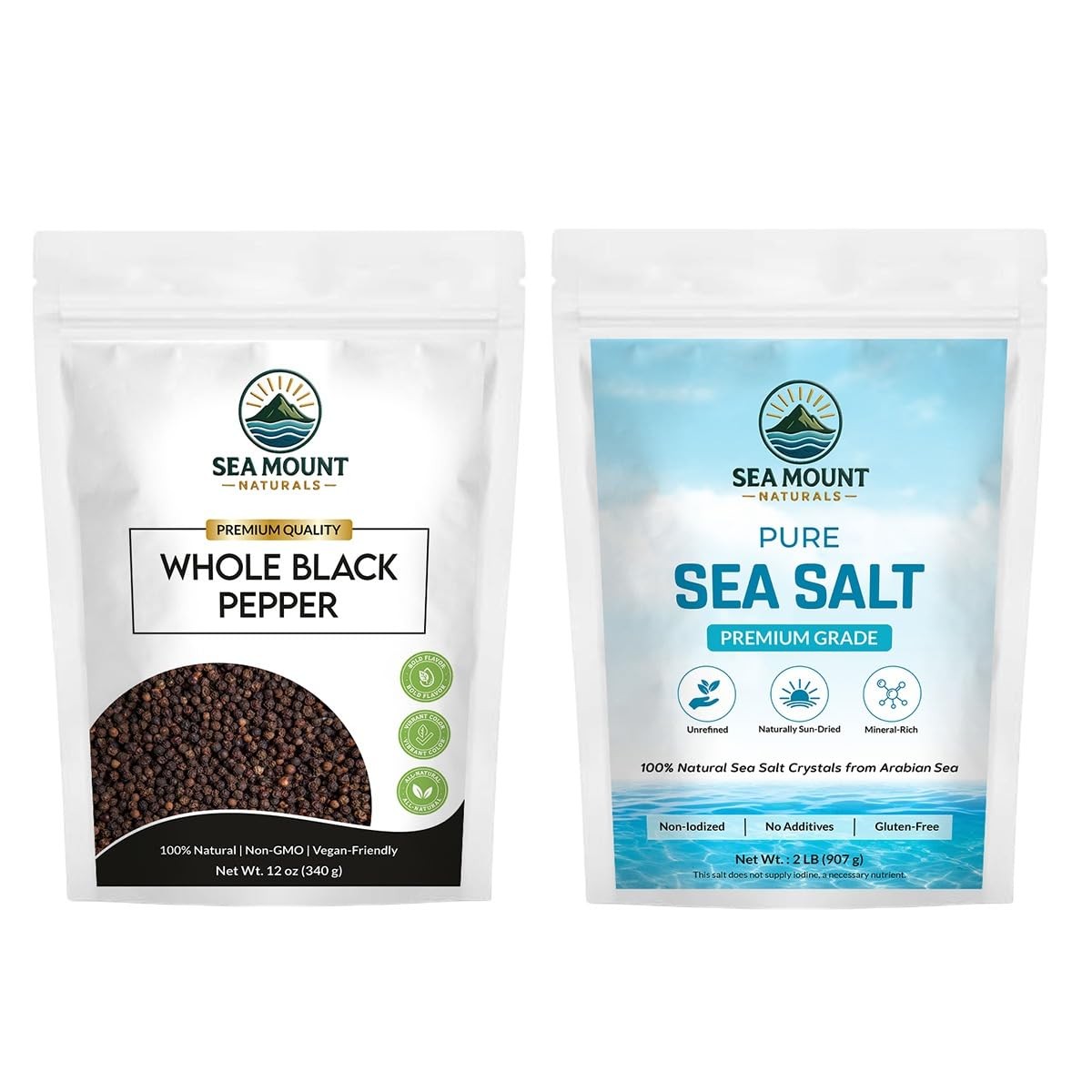 Sea Mount Naturals Whole Black Peppercorns 12 oz & Pure 44 Ounce (Pack of 1)