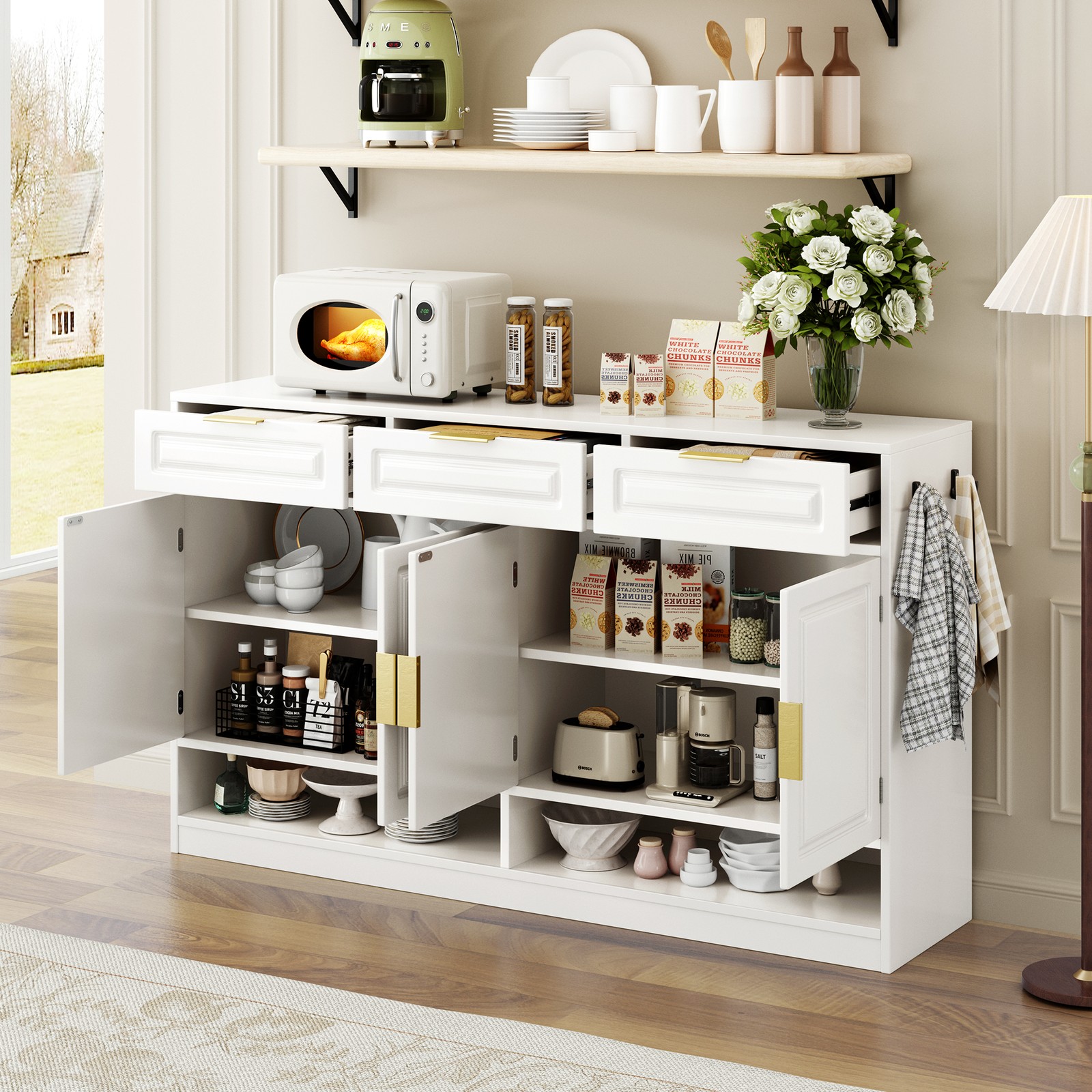 U-Style Farmhouse Sideboard with 3 Drawers & 4 Doors,59.1" Multi-Functional St