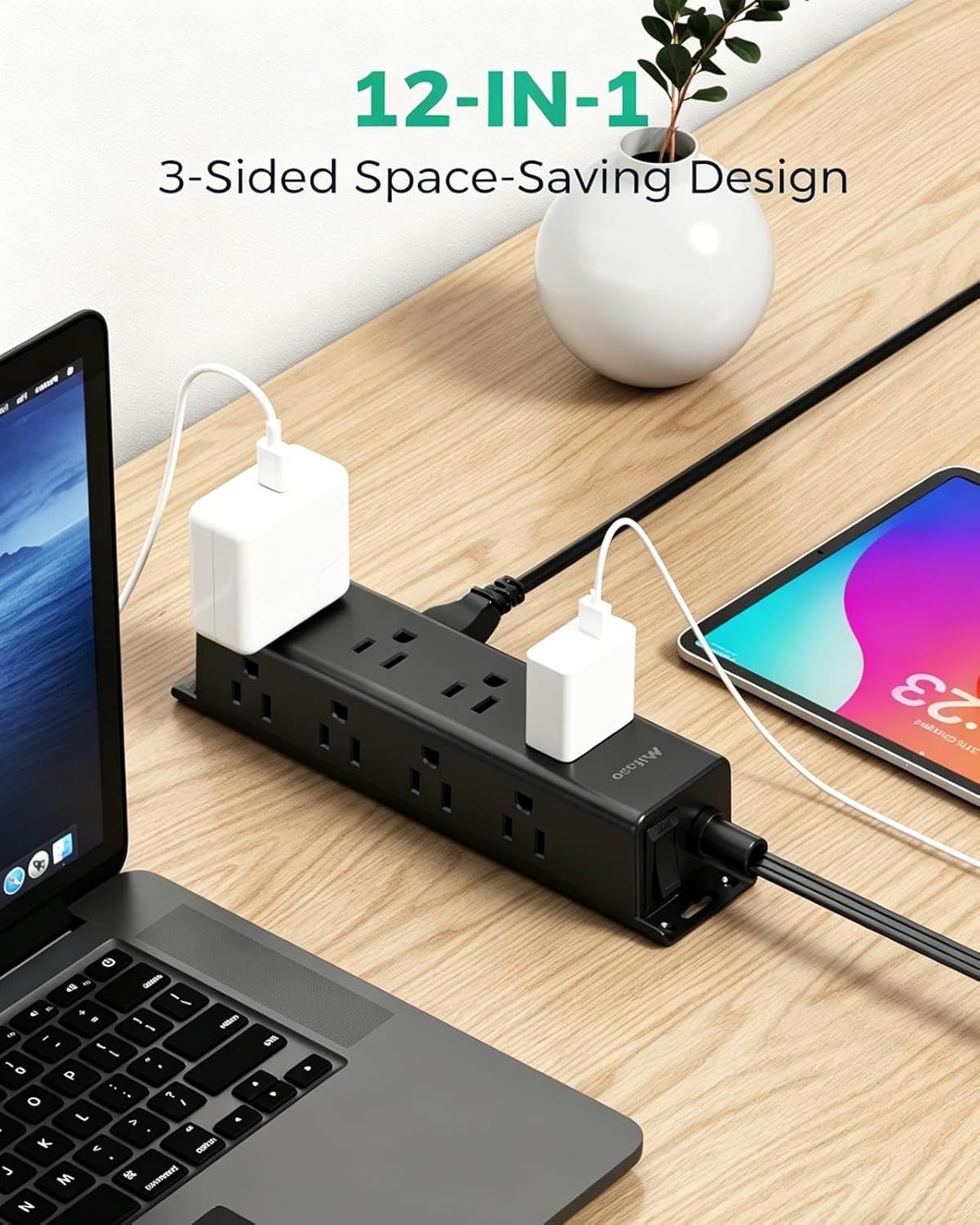 Surge Protector Power Strip 12 Widely Spaced Multi Outlets Wall Mount 3 Side