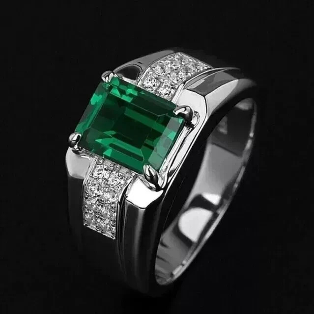 Men's 2.20Ct Lab-Created Emerald Engagement Wedding Ring 14k White Gold Plated