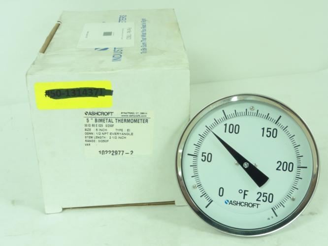 189330 New In Box; Ashcroft 50EI60E0250/250F Bimetal Thermometer; 0-250F; 1/2NPT