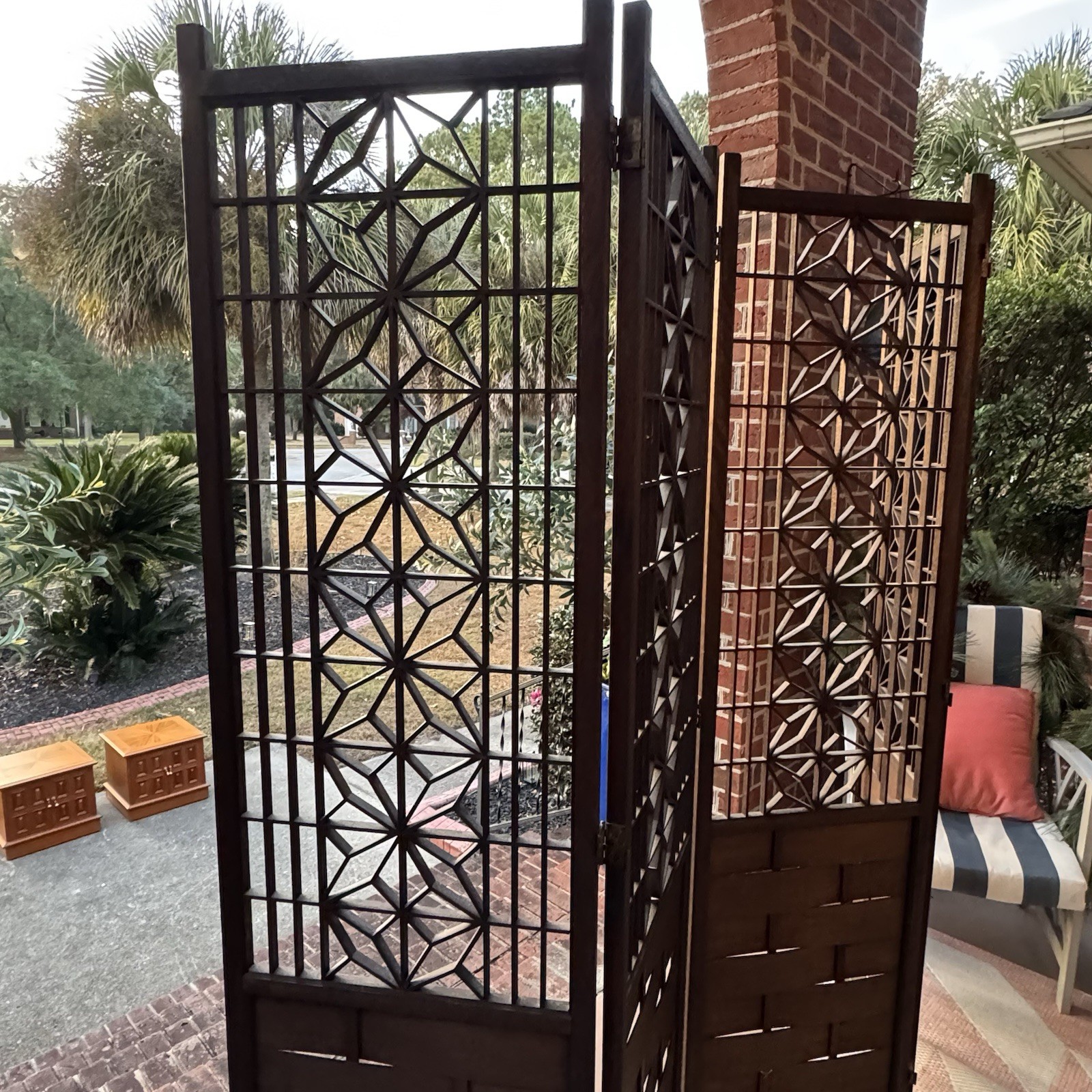 Japanese Mid Century Teak Shoji 4 Panel Folding Room Divider Screen 1960s