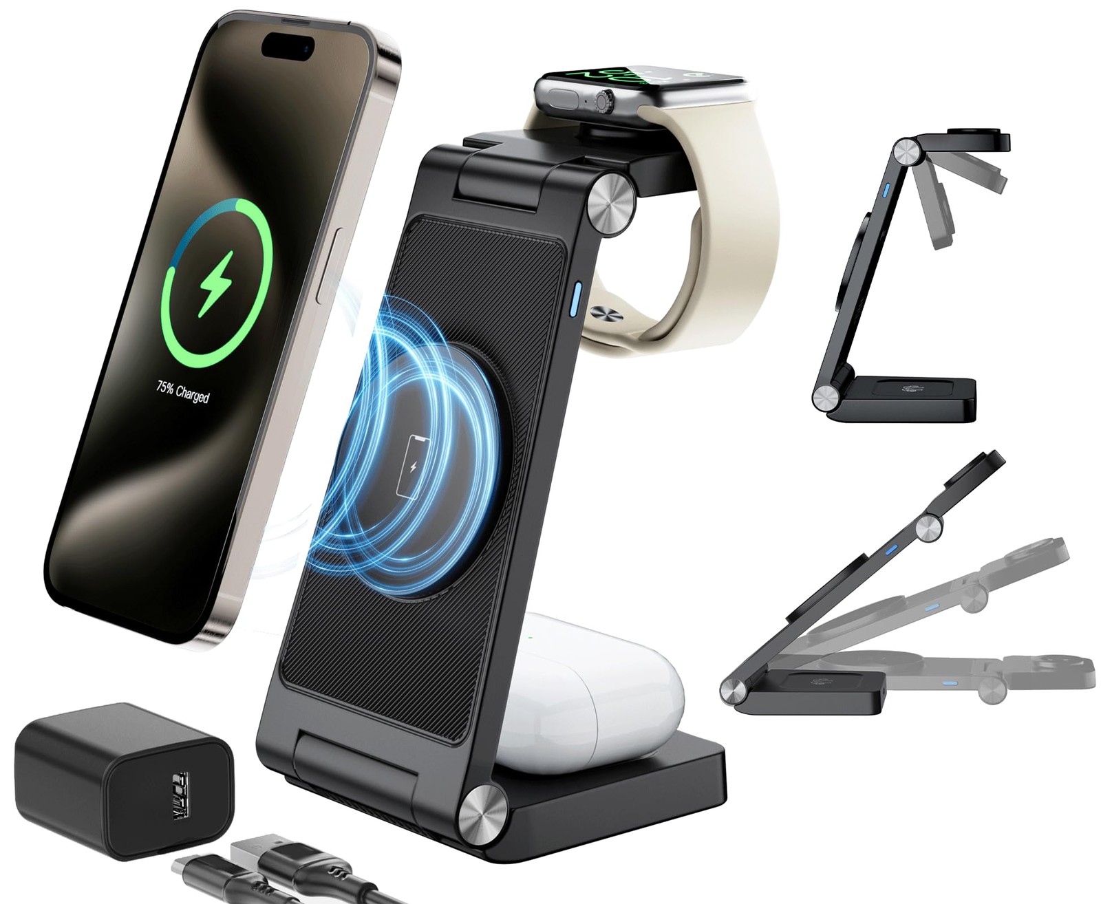 Magnetic Wireless Charging Station, 3 in 1 Fast Max middle, Black