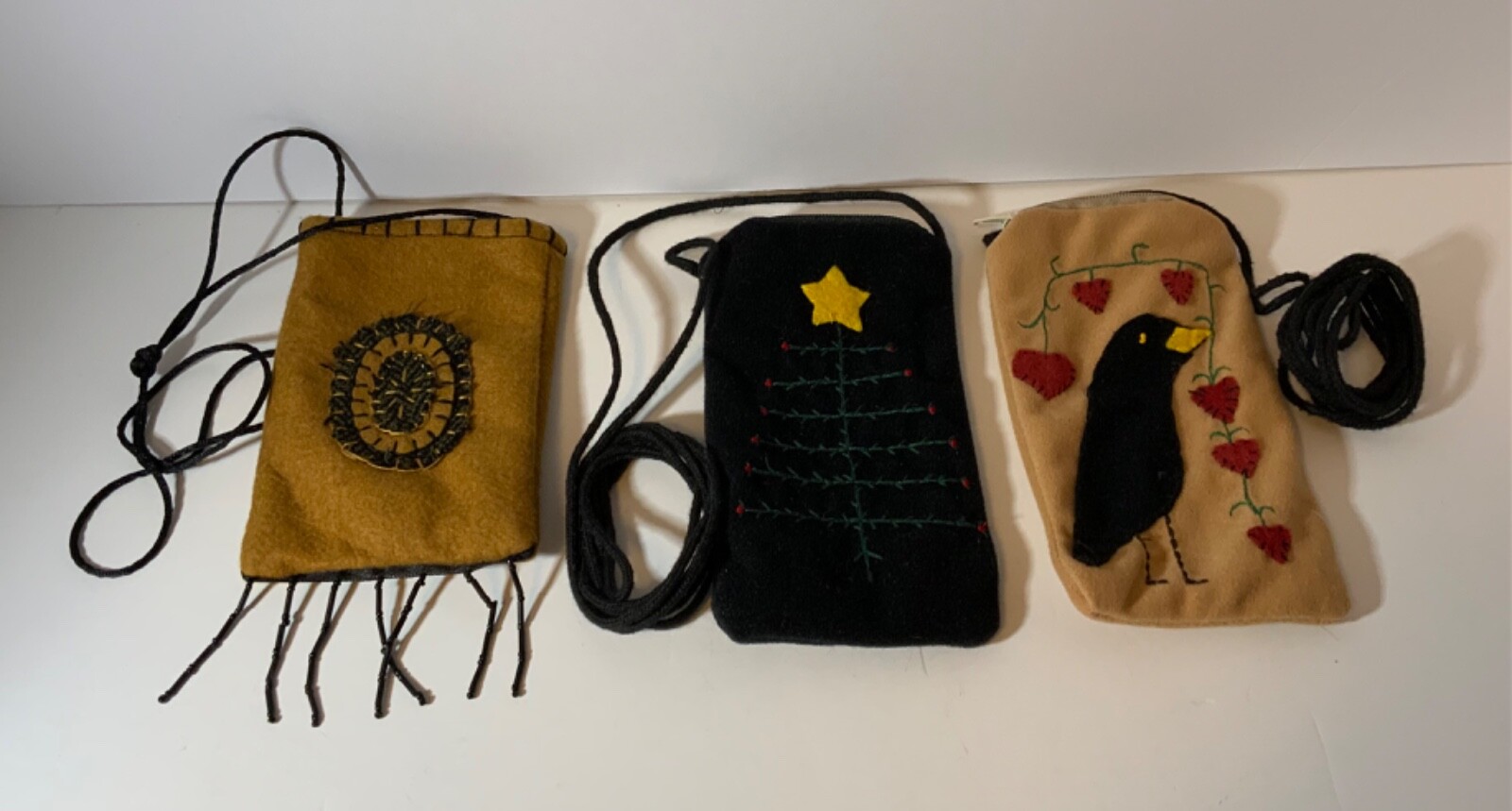 Lot (3) Felt Pouches Eyeglass Case Money Holder 2 Crossbody w/Zippers 1 Beaded