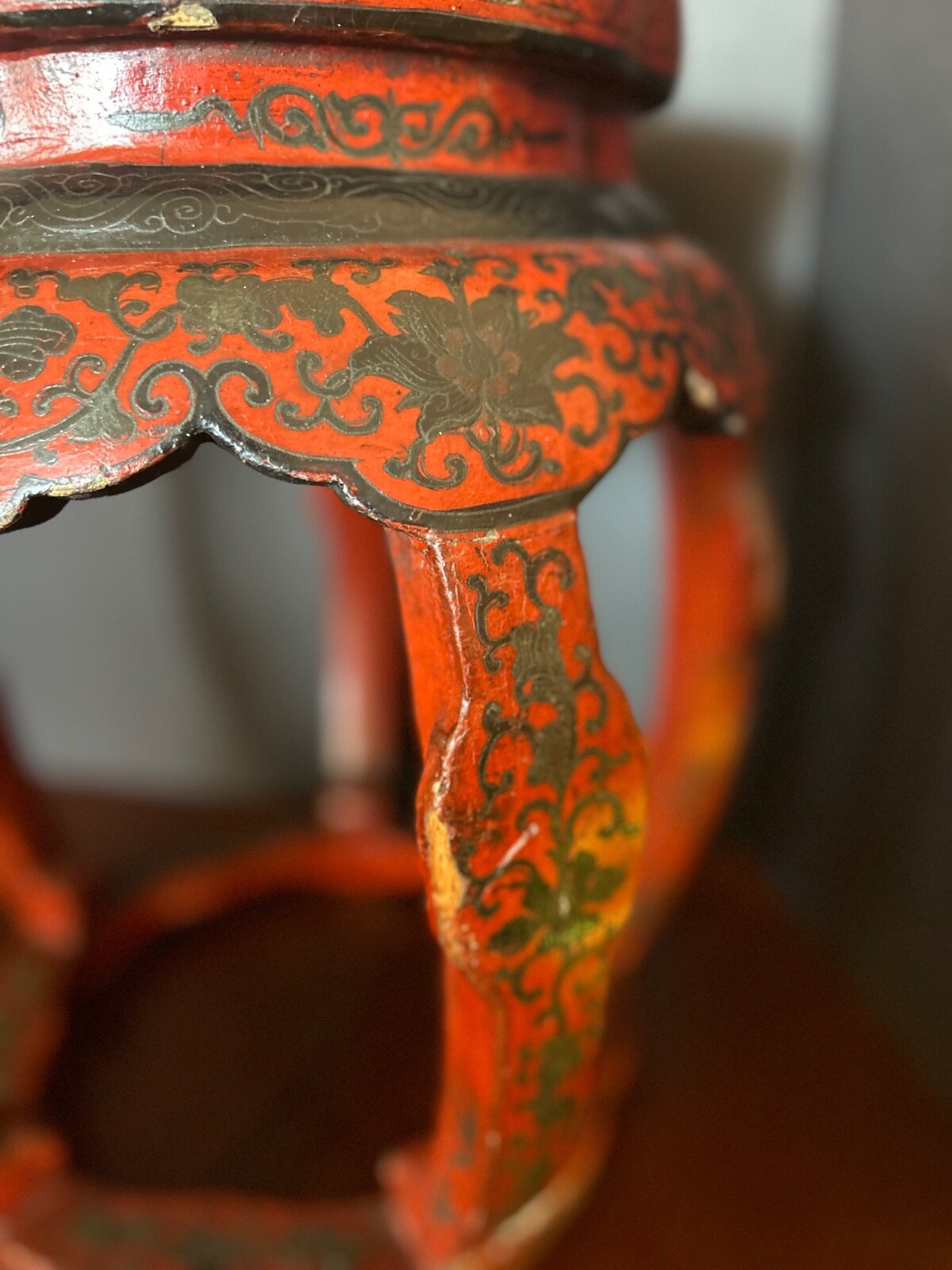 Antique 1920s Ming Dynasty Style Stool Black and Red Lacquer