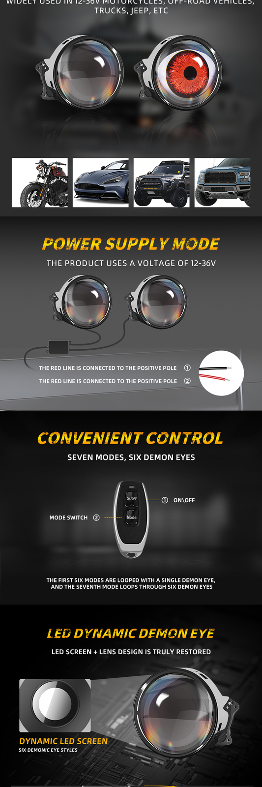 2025 12V LED Dynamic Devil Eyes Lights Car Remote Control Headlight Retrofit Kit