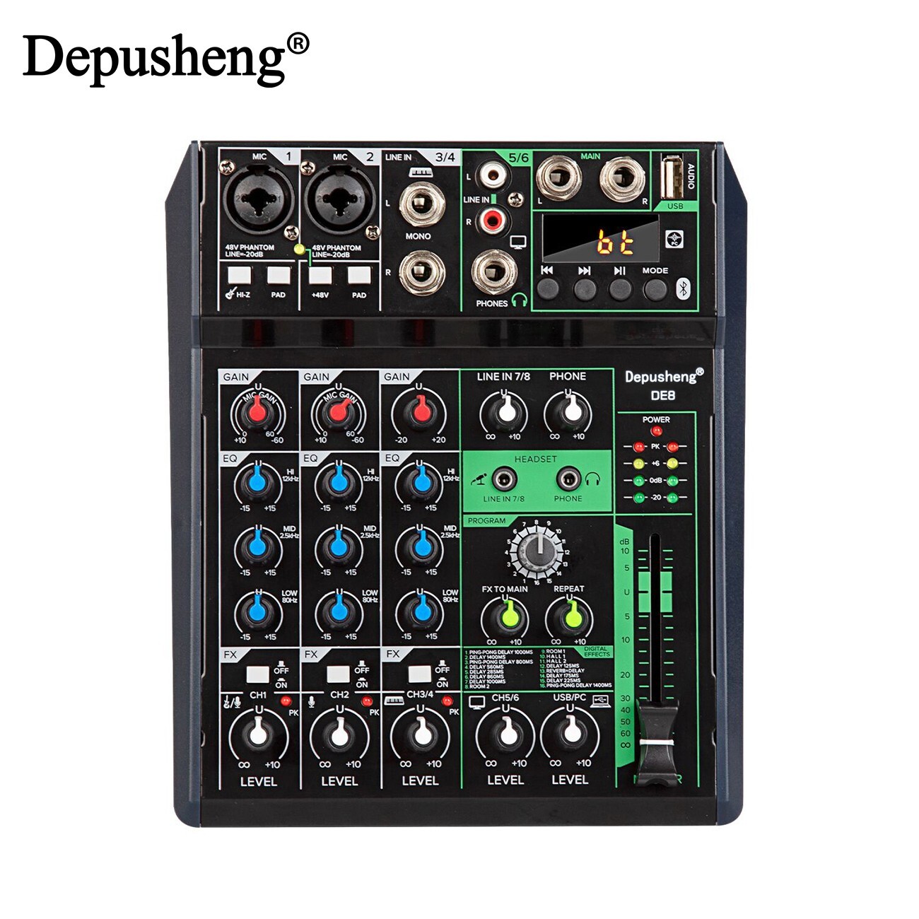 Professional 8 Channel Audio Sound Mixer Portable Mixing Console 48V Phantom BT