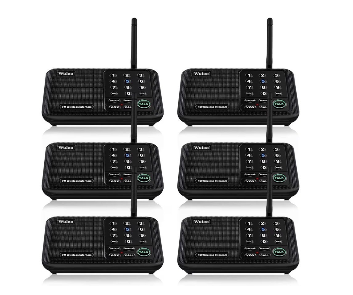 Wuloo Wireless Home Intercom System; 5280 Feet Range, 10 Channel, 3 Code, 6 Pack