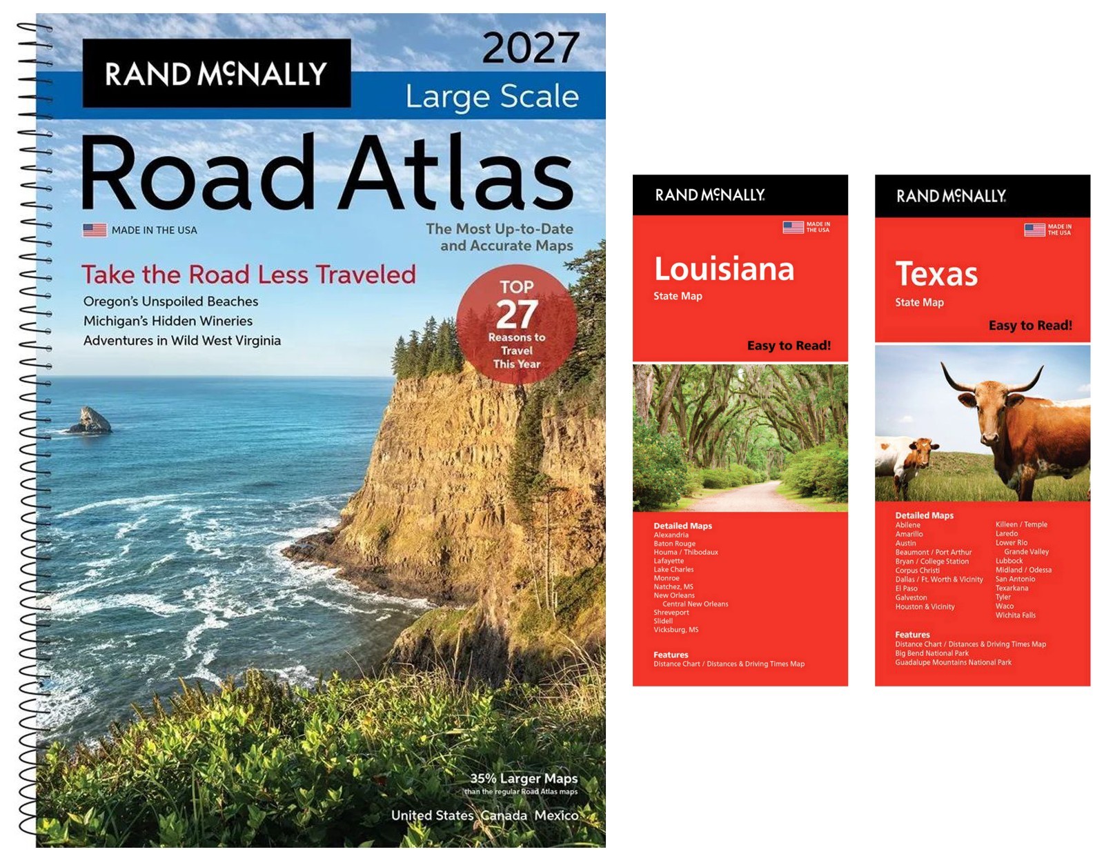 Rand McNally 2027 Large Scale Road Atlas + Easy-to-Read Louisiana & Texas Maps