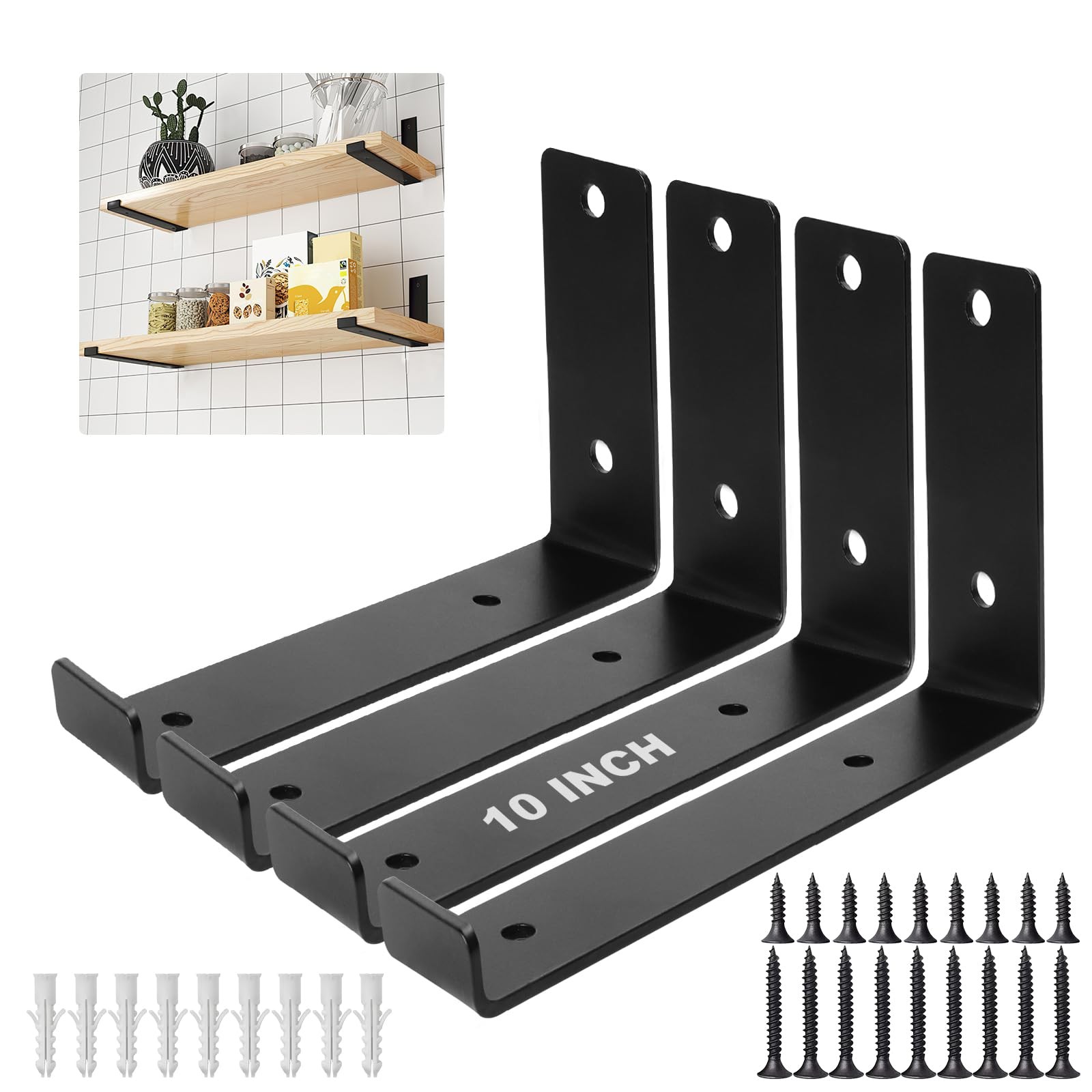 4 PCS 10 Inch Heavy Duty Hook Shelf Brackets 1/6 Inch Thick Black Wall L