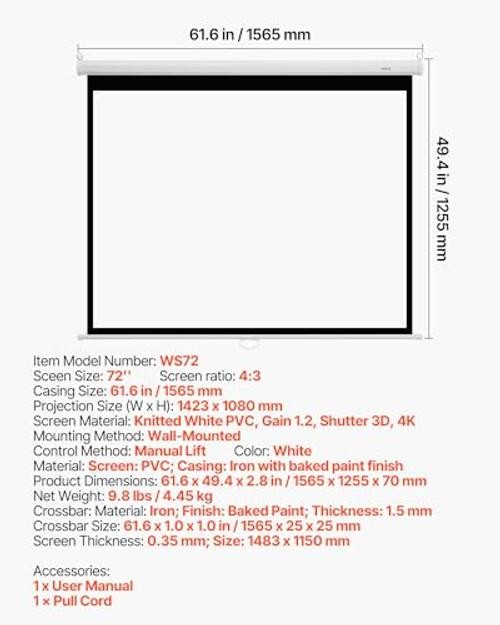 Manual Projector Screen, 72 inch 4:3 4K 1080 HD Retractable Pull Down WS72
