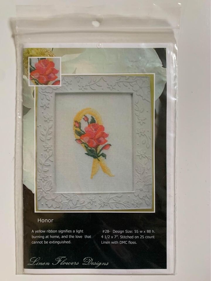 Linen Flowers Designs HONOR # 28 Counted Cross Stitch Pattern 4.5"x7"