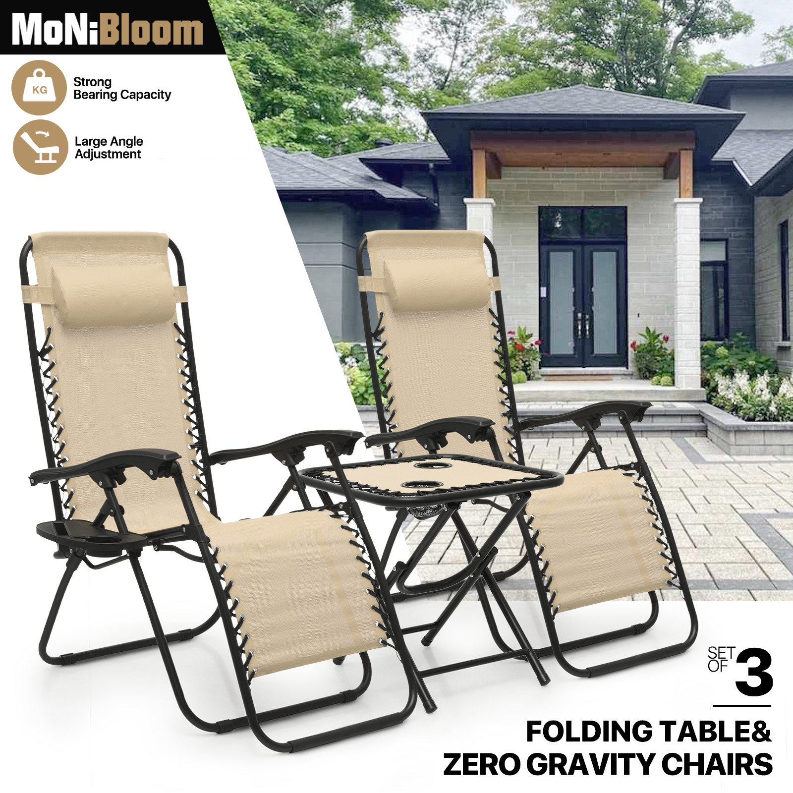 3Pcs[ZERO GRAVITY CHAIR+FOLDING TABLE SET]Patio Reclinable Lounge w/Holding Tray