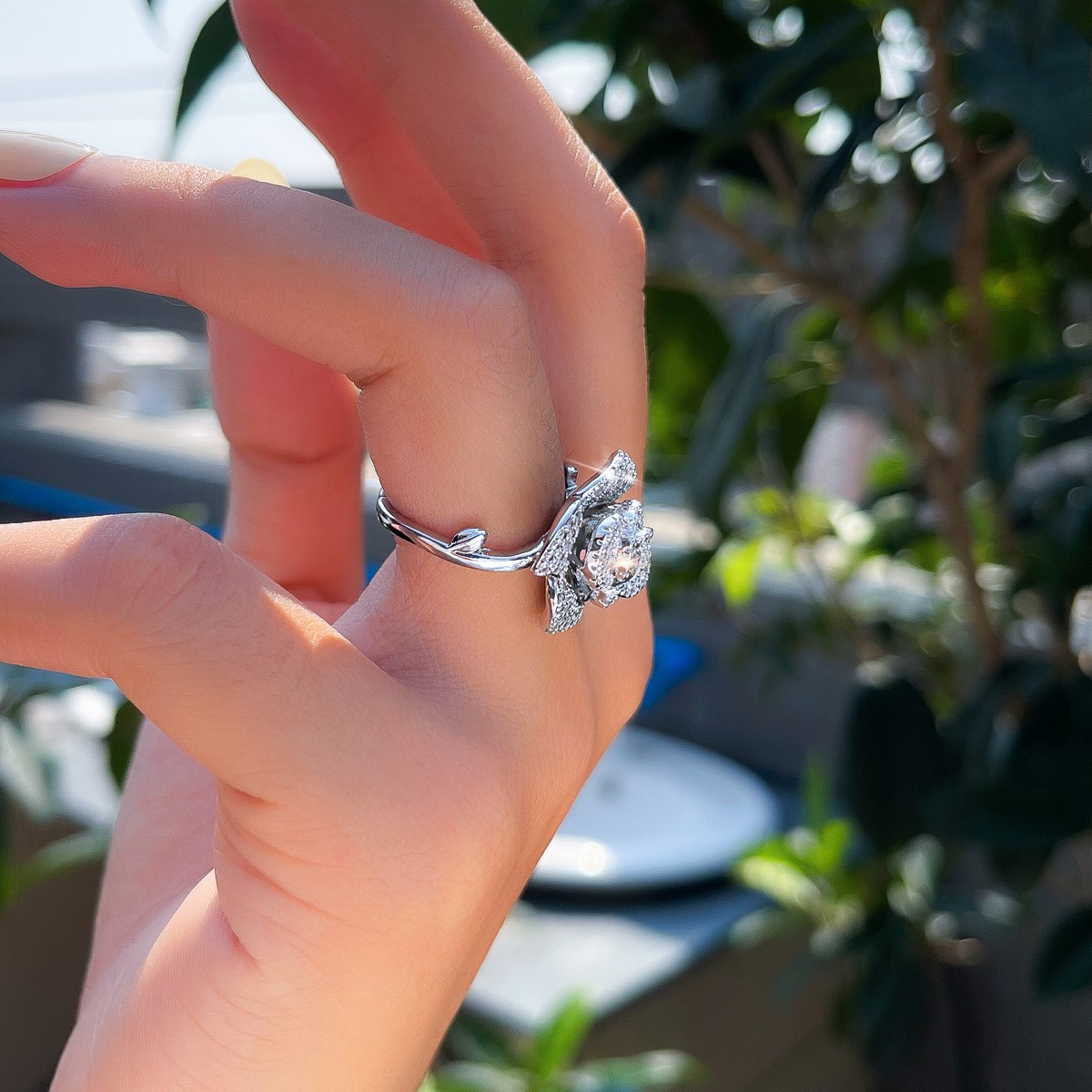 Silver Plated Cubic Zirconia Micro Paved Rose Flower Adjustable Ring for Women