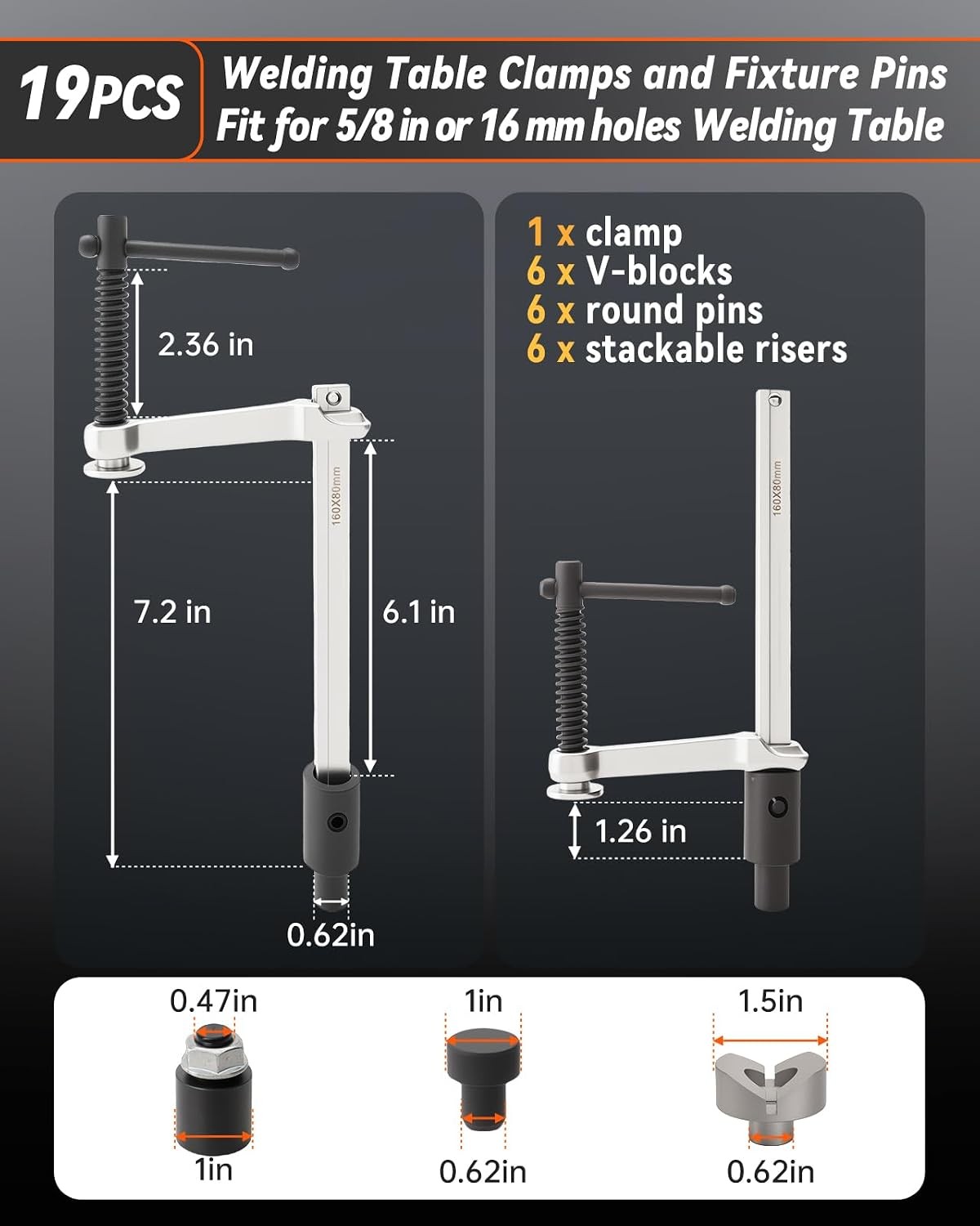 Welding Table Clamps, 19pcs V Blocks, Round Pins & Stackable Risers Accessories