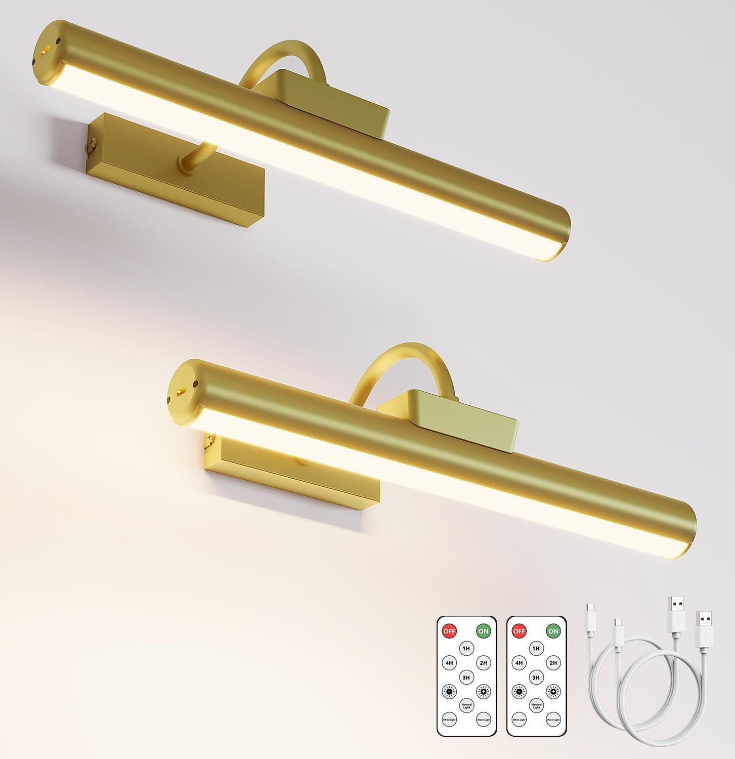 Dimmable Battery Operated Picture Light - 2 Pack Gold, Remote Control