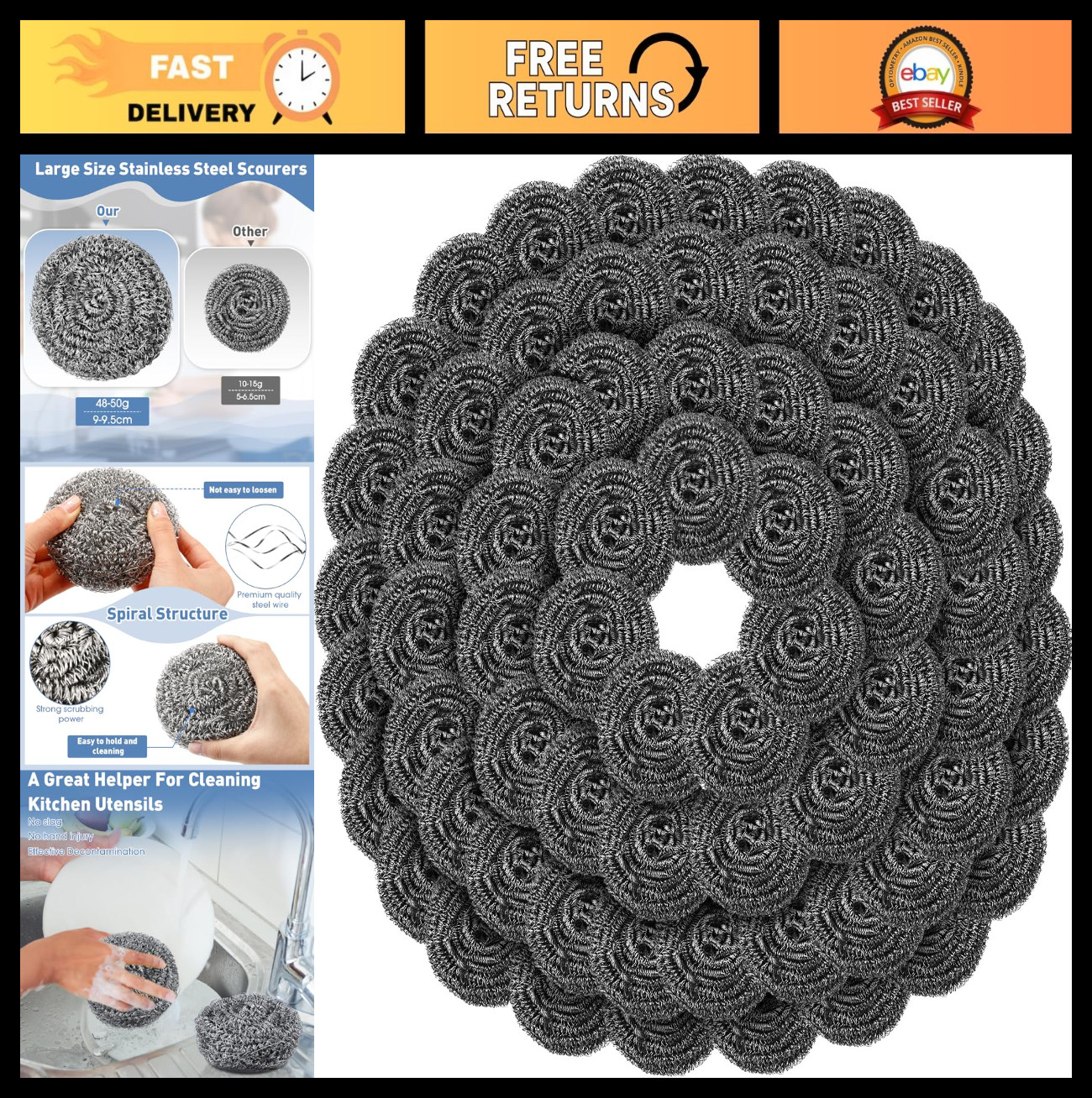 72 Pcs Stainless Steel Scrubber Set - Heavy Duty Steel Wool Scourers for Dishes,