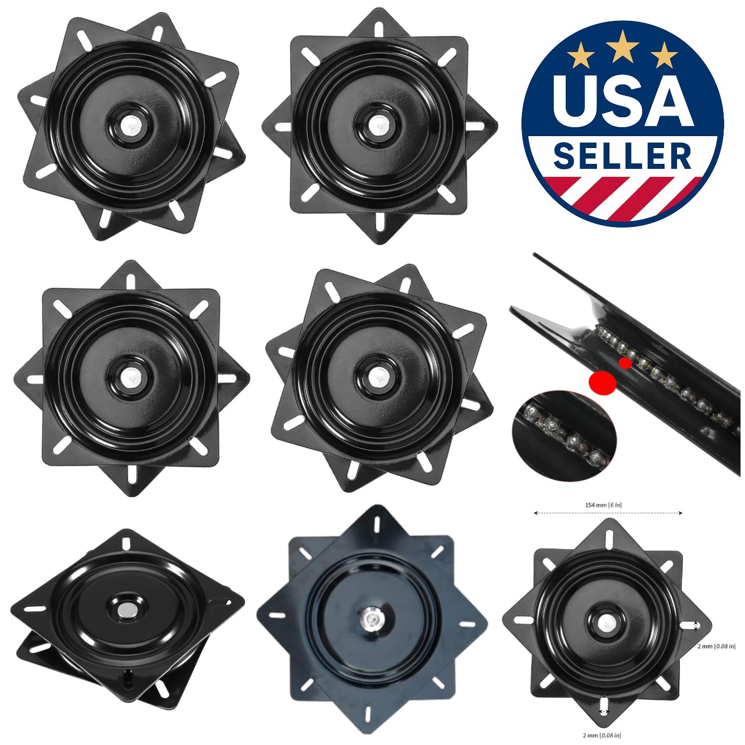 Black 6-Inch Swivel Plate Replacement - Ideal for Chairs & Recliners, 4 Count