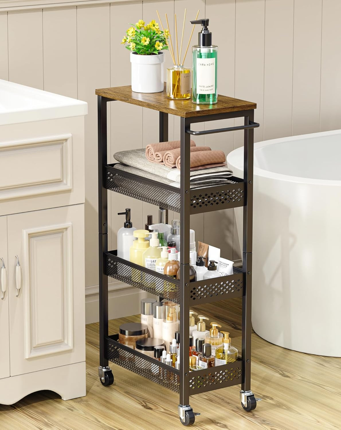 Slim 4-Tier Rolling Storage Cart with Wood Top for Small Spaces, Narrow Organize