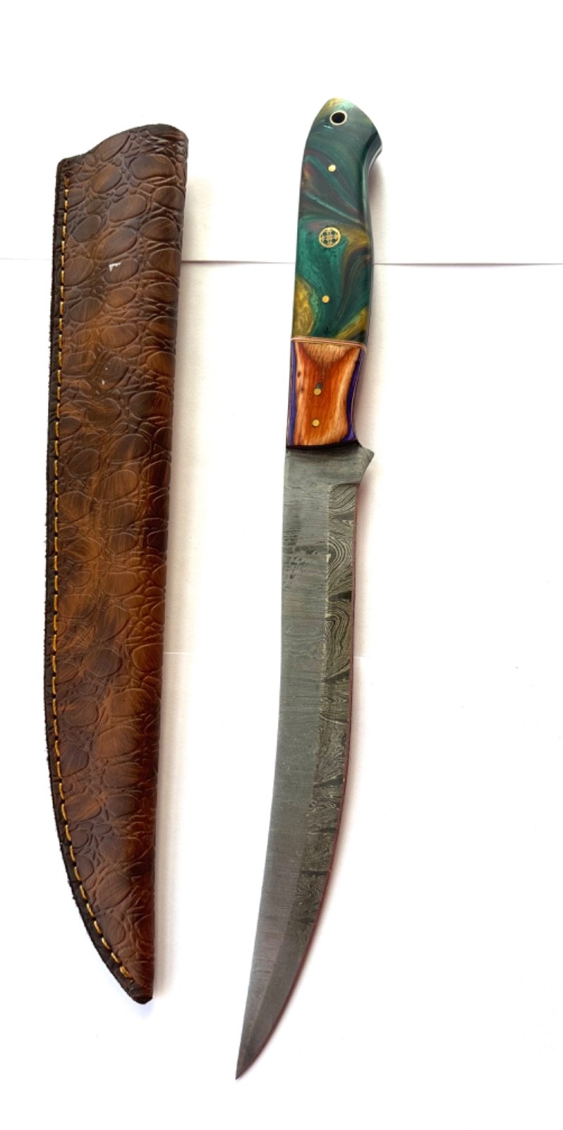 Vtg Hand Forged Folk Art Damascus Steel Fillet Hunting Camping Knife w Sheath