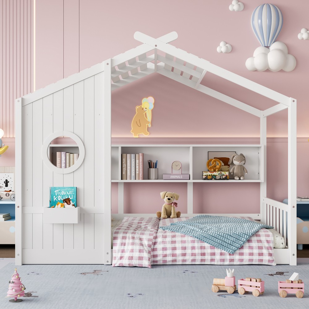 Twin/Full Size Floor House Bed Frame for Toddler with Storage Shelf, White/Grey