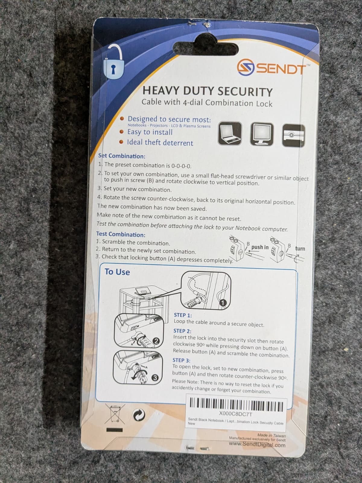 Laptop Notebook Universal Security Cable Lock 4 Dial Combination SENDT Brand