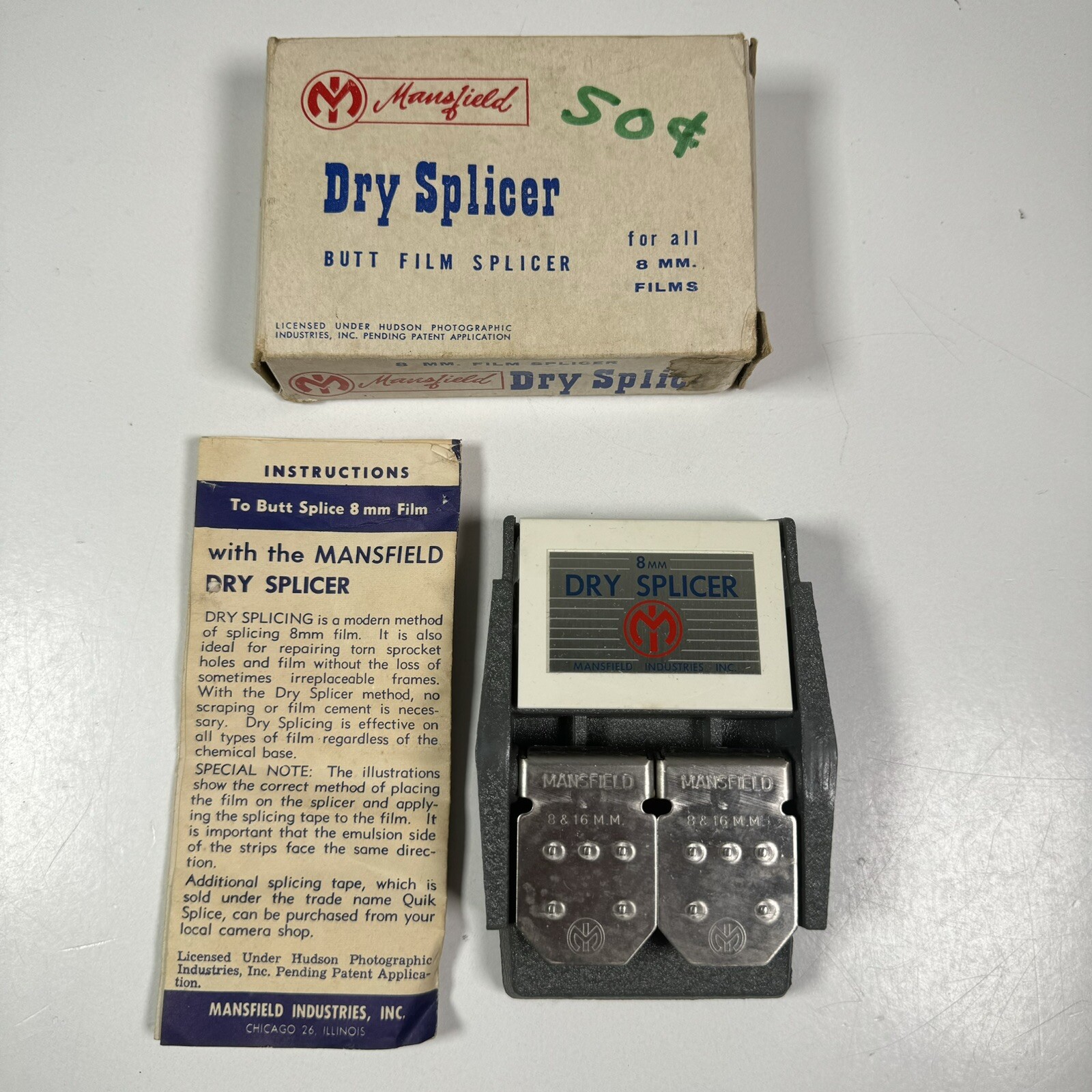 Mansfield 8mm Film Dry Splicer Butt + Box W/ Instructions Vtg