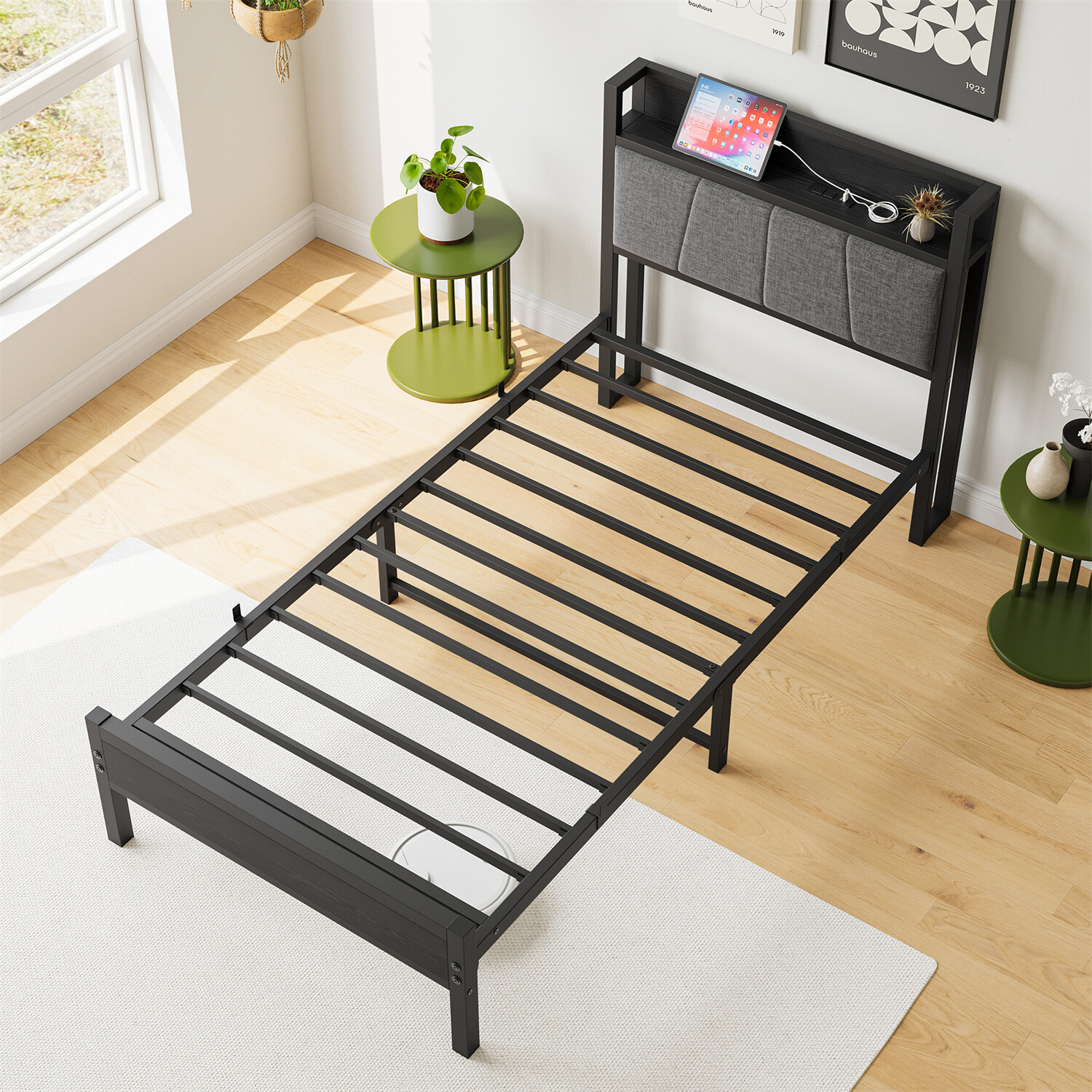 Twin/Full Size Bed Frame Metal Platform Bed Frame w/ Storage Headboard Black US