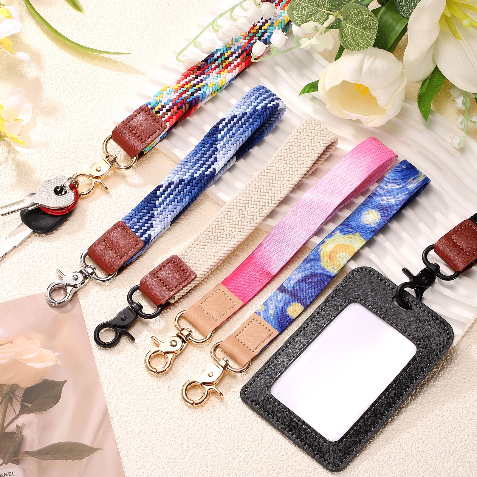 Wrist Lanyard Keychain, Braided Wristlet Strap with Silver Clasp, Rainbow