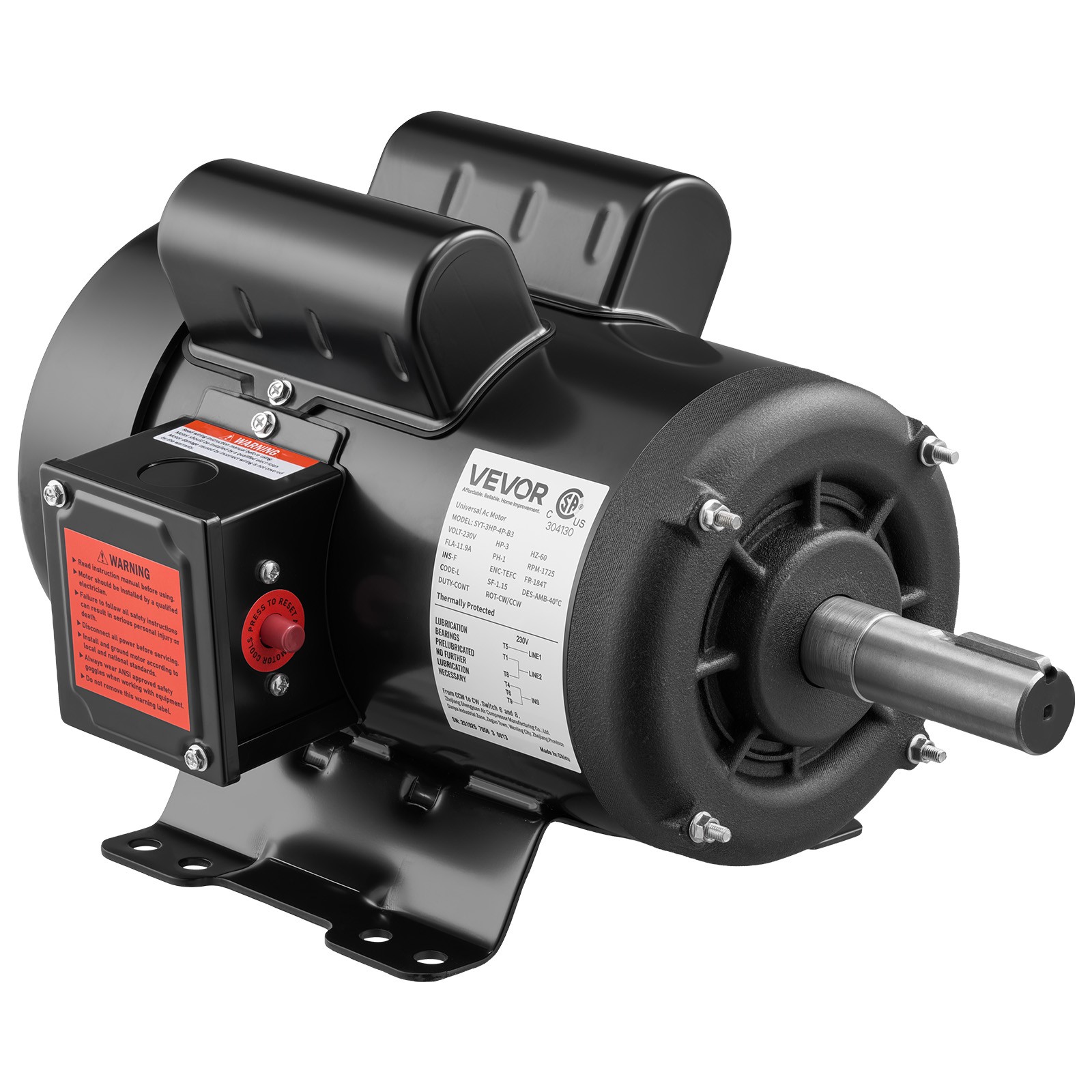 VEVOR 3HP Air Compressor Electric Motor 230V 1750RPM 184T Frame CW/CCW Rotation