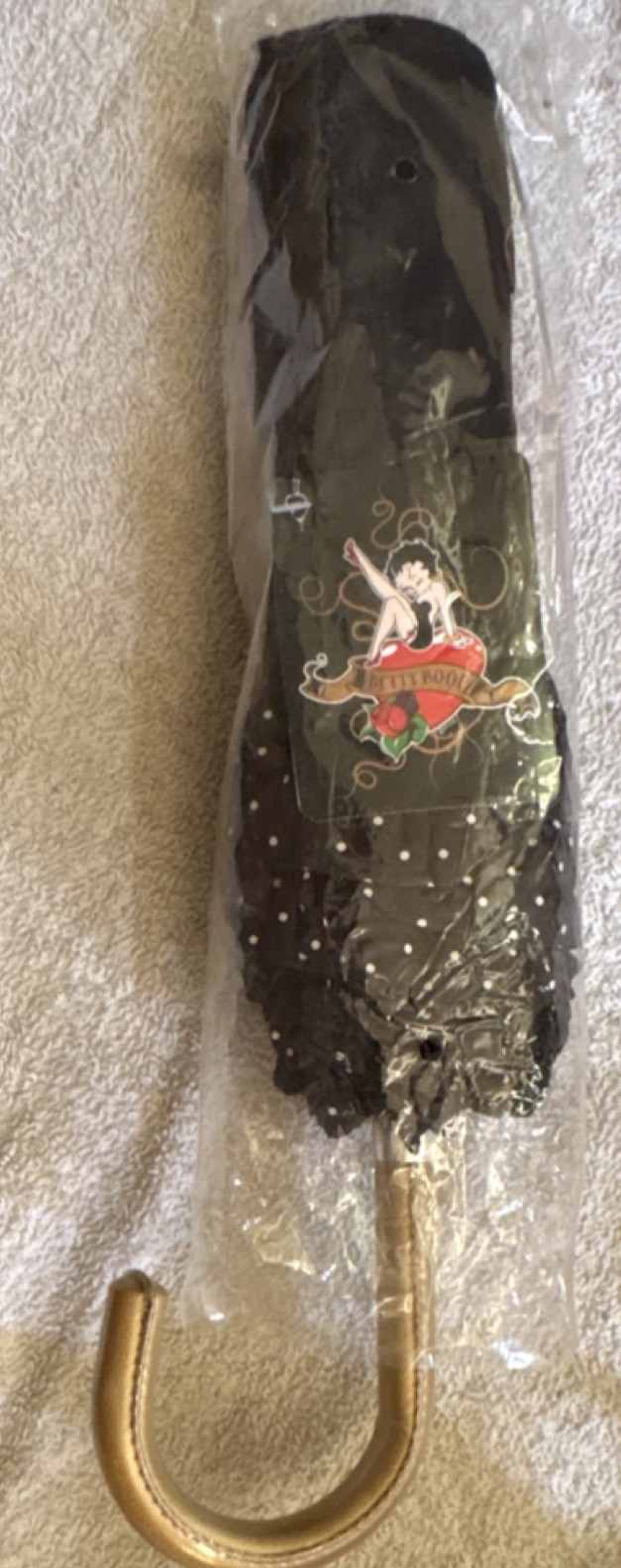 Betty Boop Compact Folding Women's Umbrella Black White Polka Dot Cartoon Theme