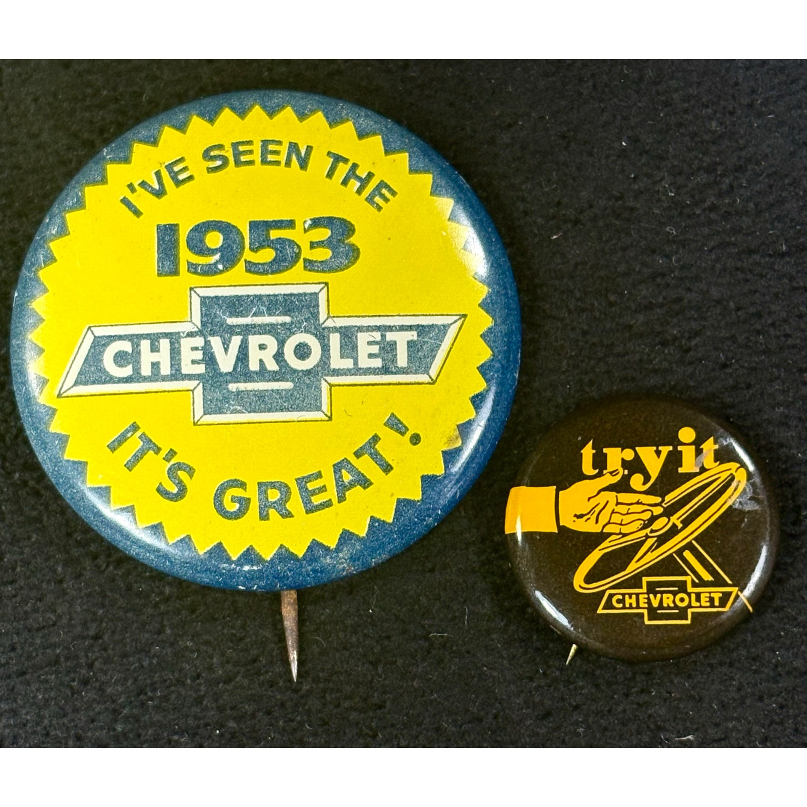Vintage Chevrolet Advertising Pins from 1953 Lot of 2 "I've Seen..." & "Try It"
