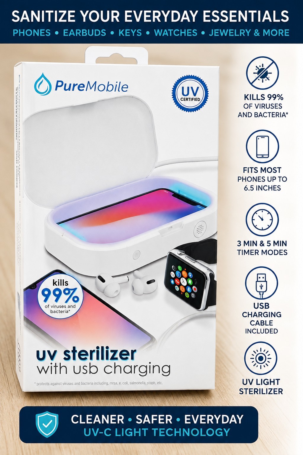 Vivitar PureMobile UV Sterilizer w/ USB Charging Phone Sanitizer VPUR1014-WHT...