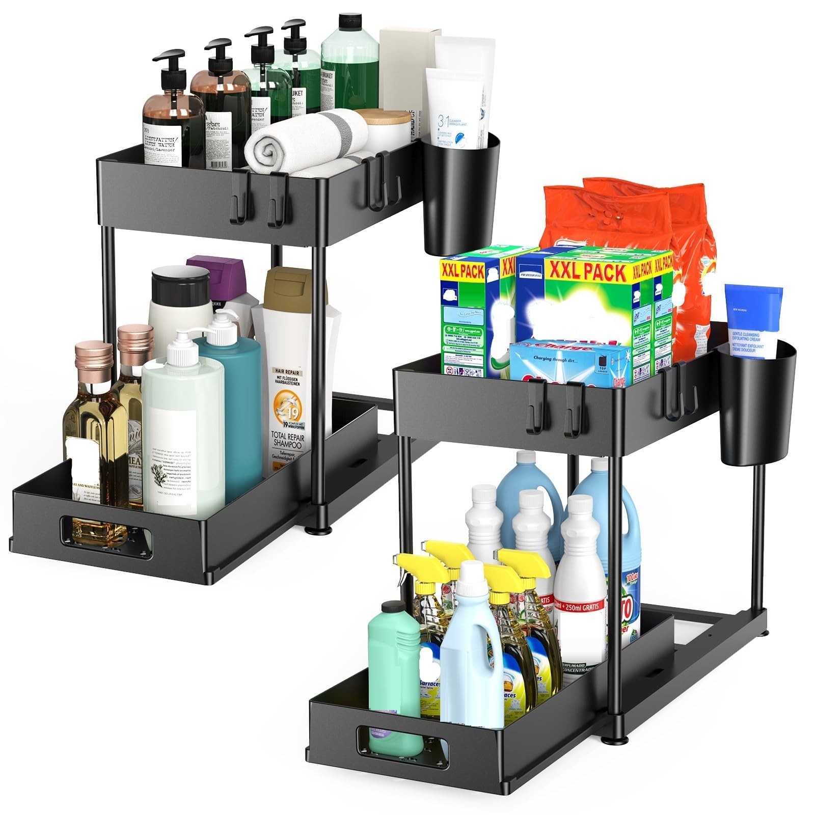2 Pack Under Sink Organizer with Pull-Out Drawer, Large Single-layer, Black