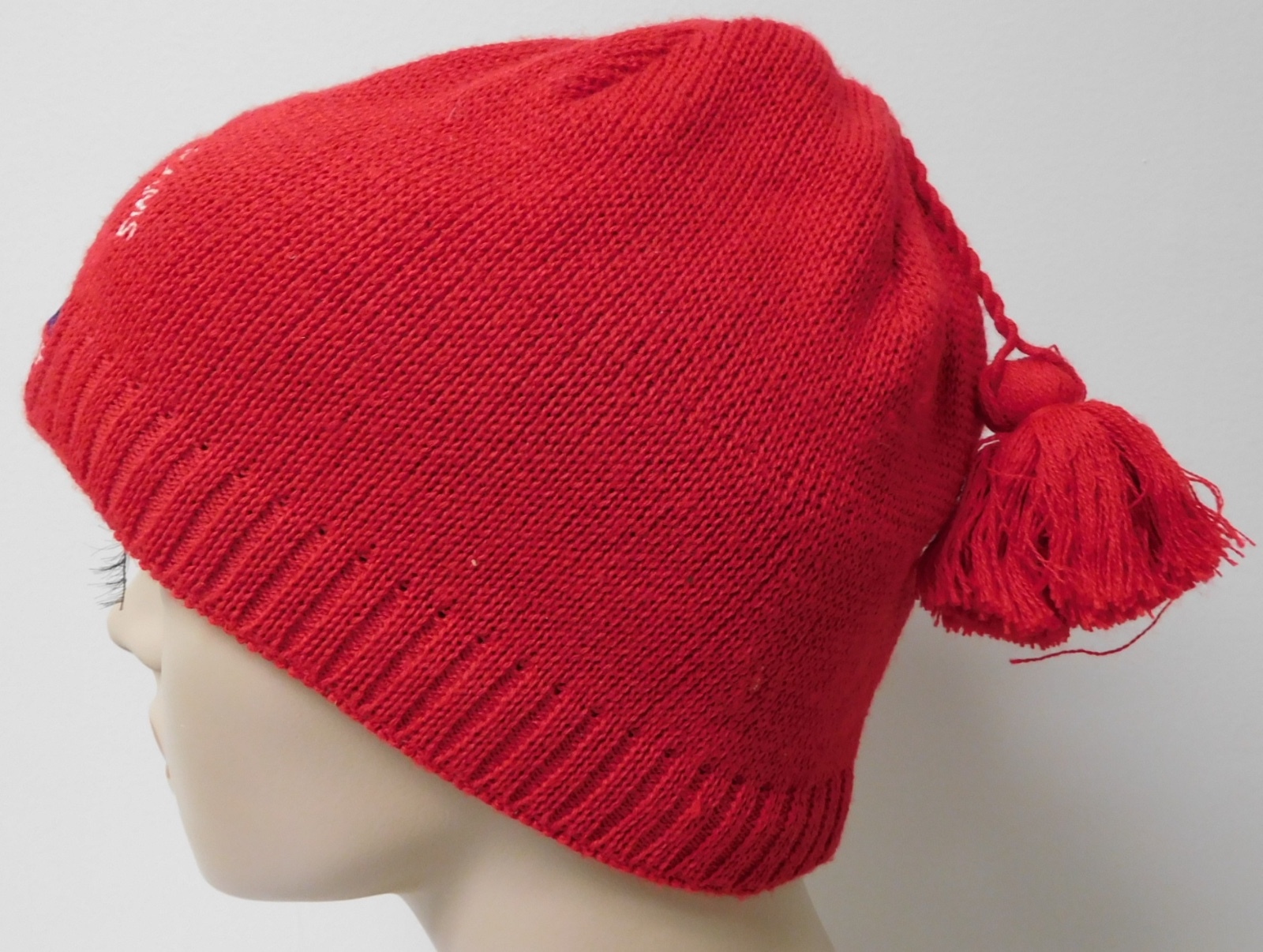 SUGARLOAF JUNIOR PROGRAMS VINTAGE BEANIE RED KNIT HAT W/ POM POM EUC