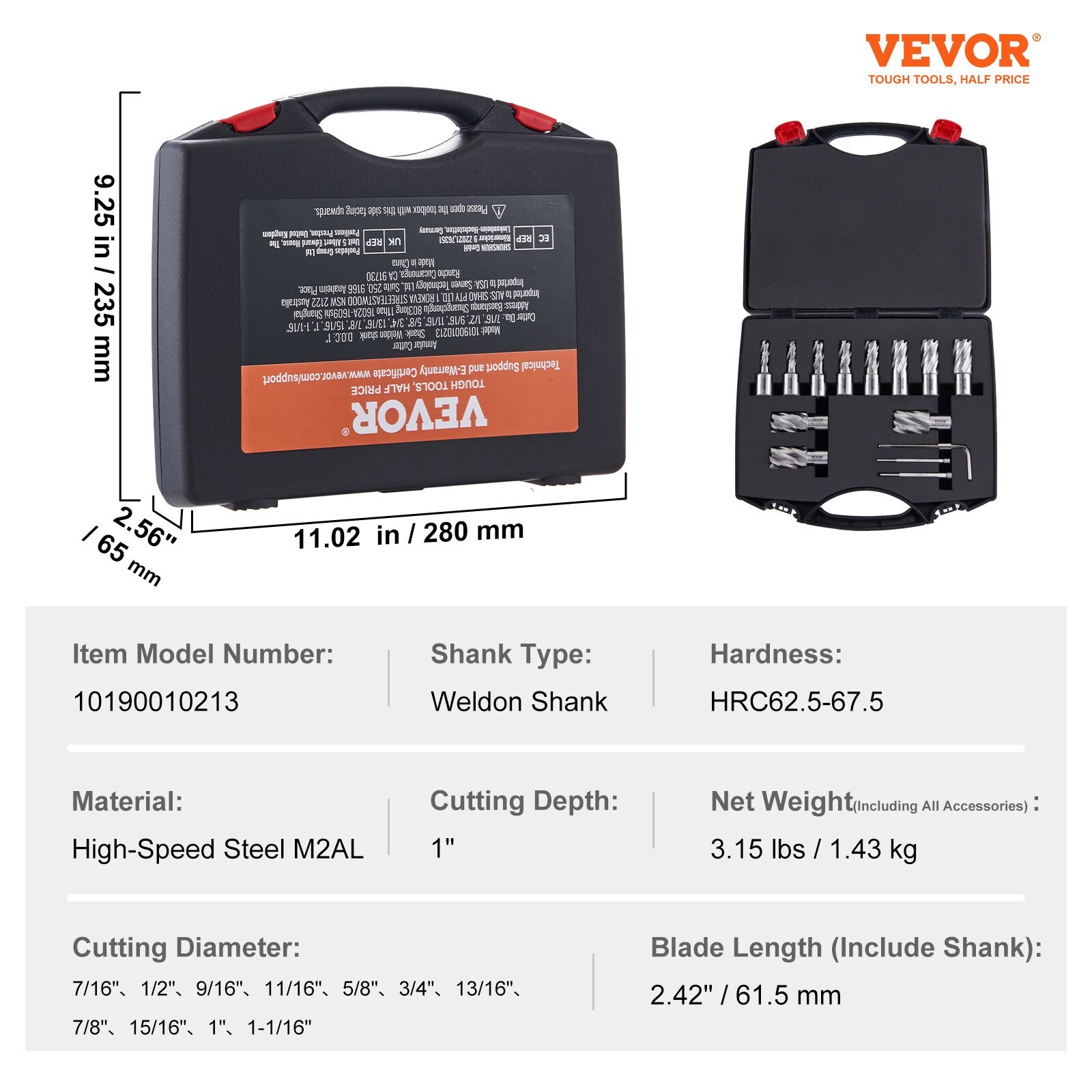 VEVOR Annular Cutter Set HSS Magnetic Drill Bits 13 PCS Weldon Shank 1" Depth