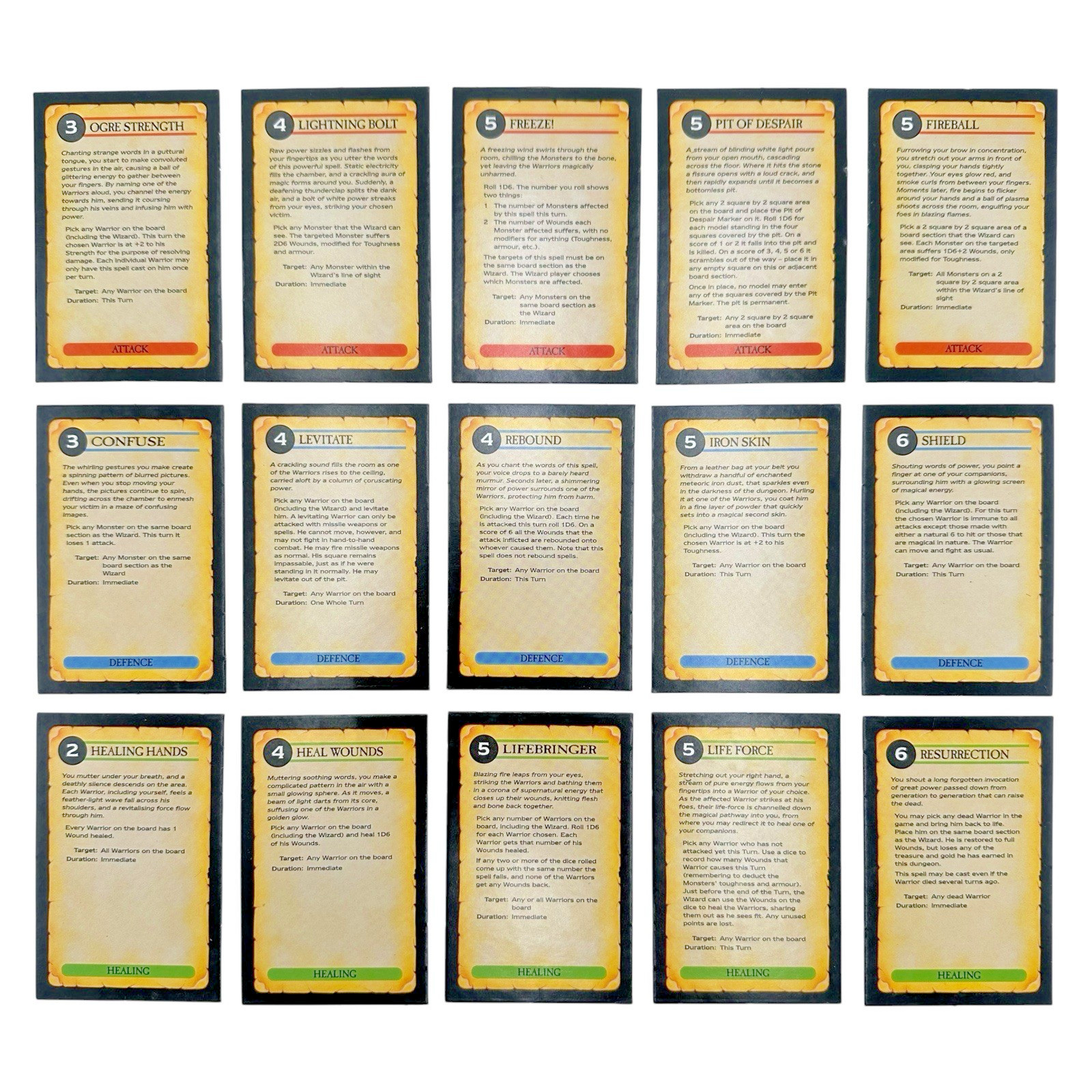 Warhammer Quest Wizard Spell Cards Complete Set 15-Card Set Games Workshop 1995
