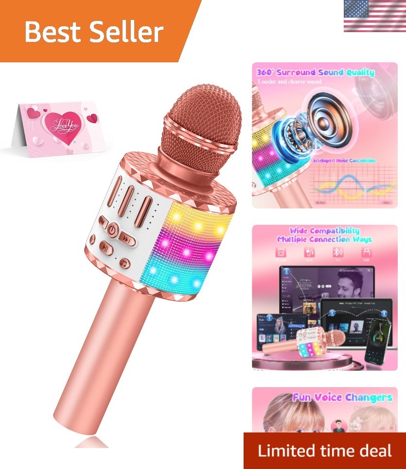 Rechargeable Portable Karaoke Mic for Kids – Perfect Birthday Gift with Lights