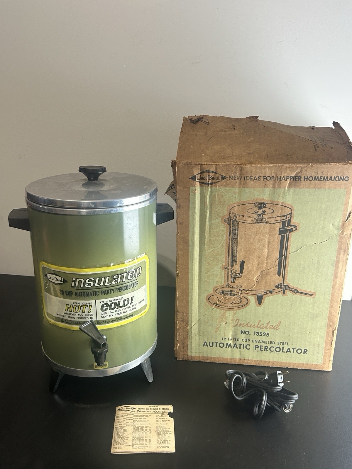 West Bend Vintage 30 Cup Avocado Green Party Perk 23525 Coffee Percolator 1970