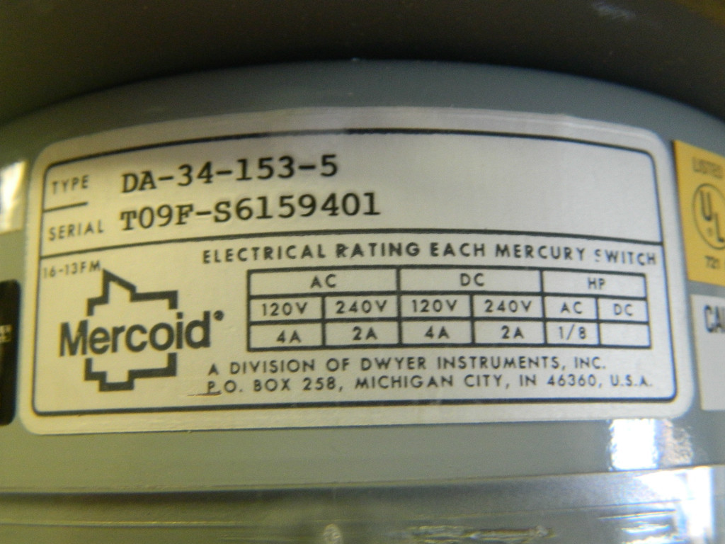 MERCOID DA-34-153-5 DA341535 PRESSURE CONTROL SWITCH