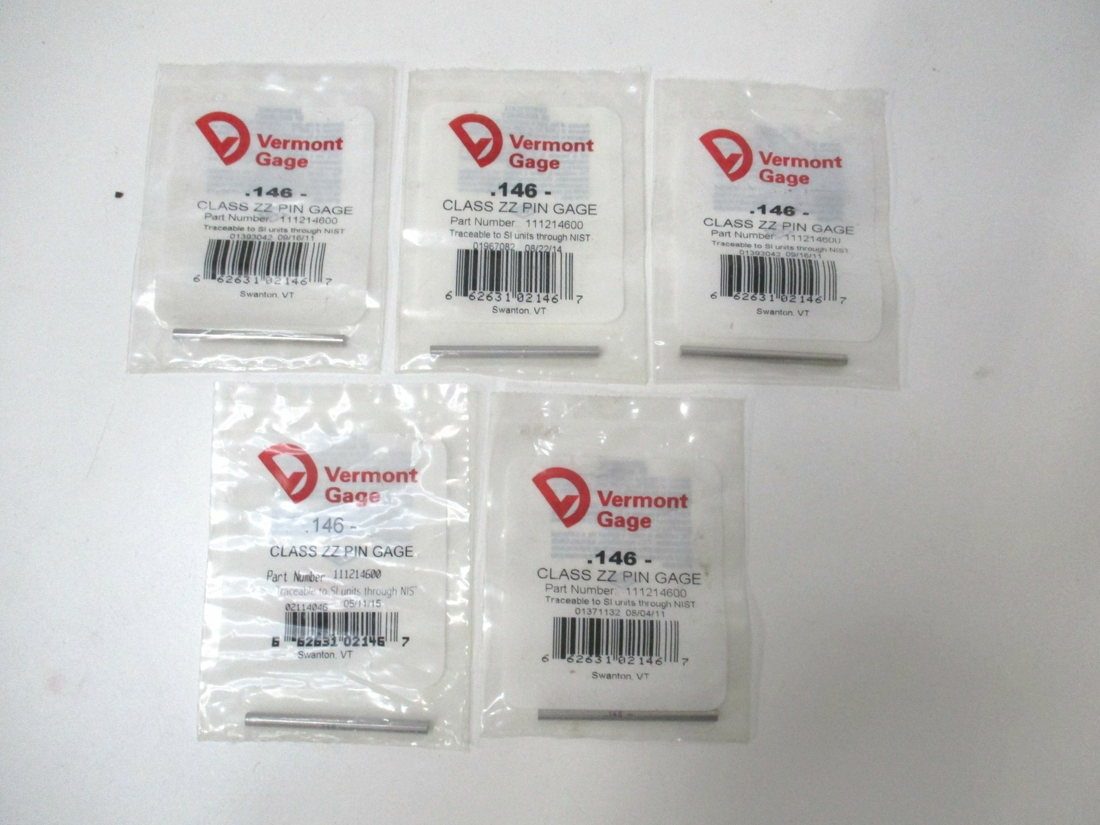Vermont Gage (111214600) 0.146" Tolerance Class ZZ Steel No-Go Pin Gage - Qty 5