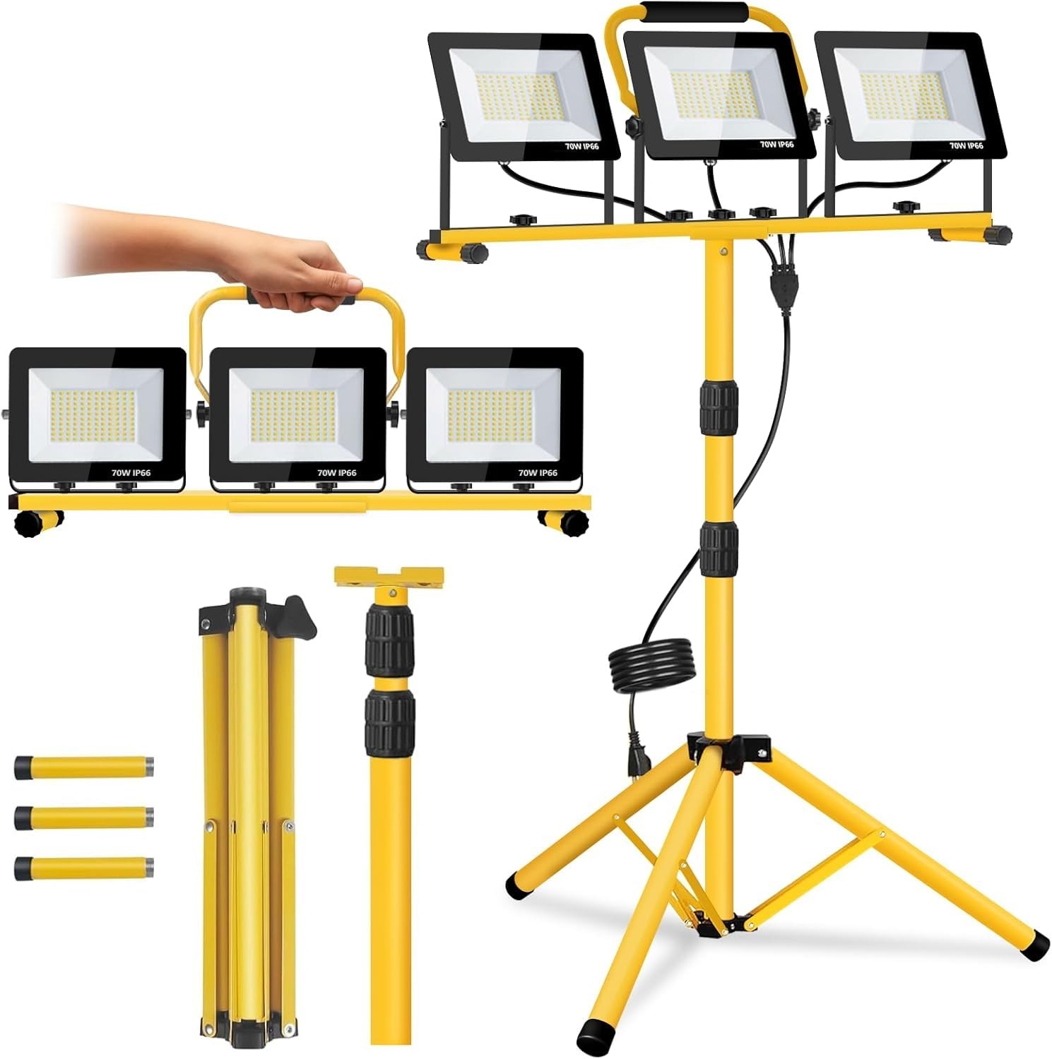 LED Work Light 21000 Lumen 3 Head IP66 Waterproof - Tripod for Job Site