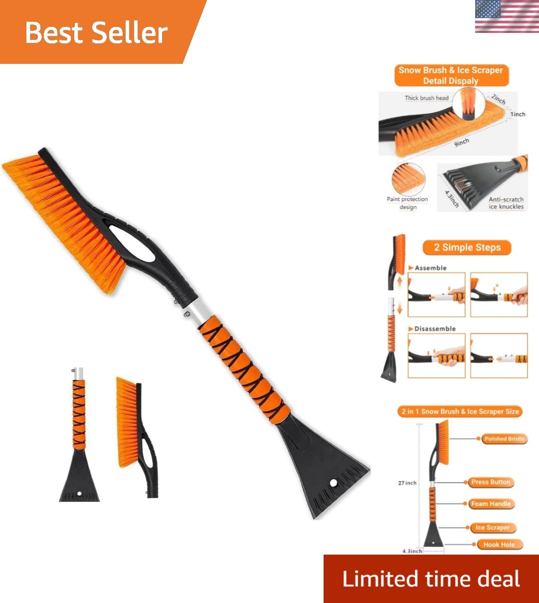 27 Inch, Ice Scrapers for Car Windshield, Detachable Snow Removal Tool with E...
