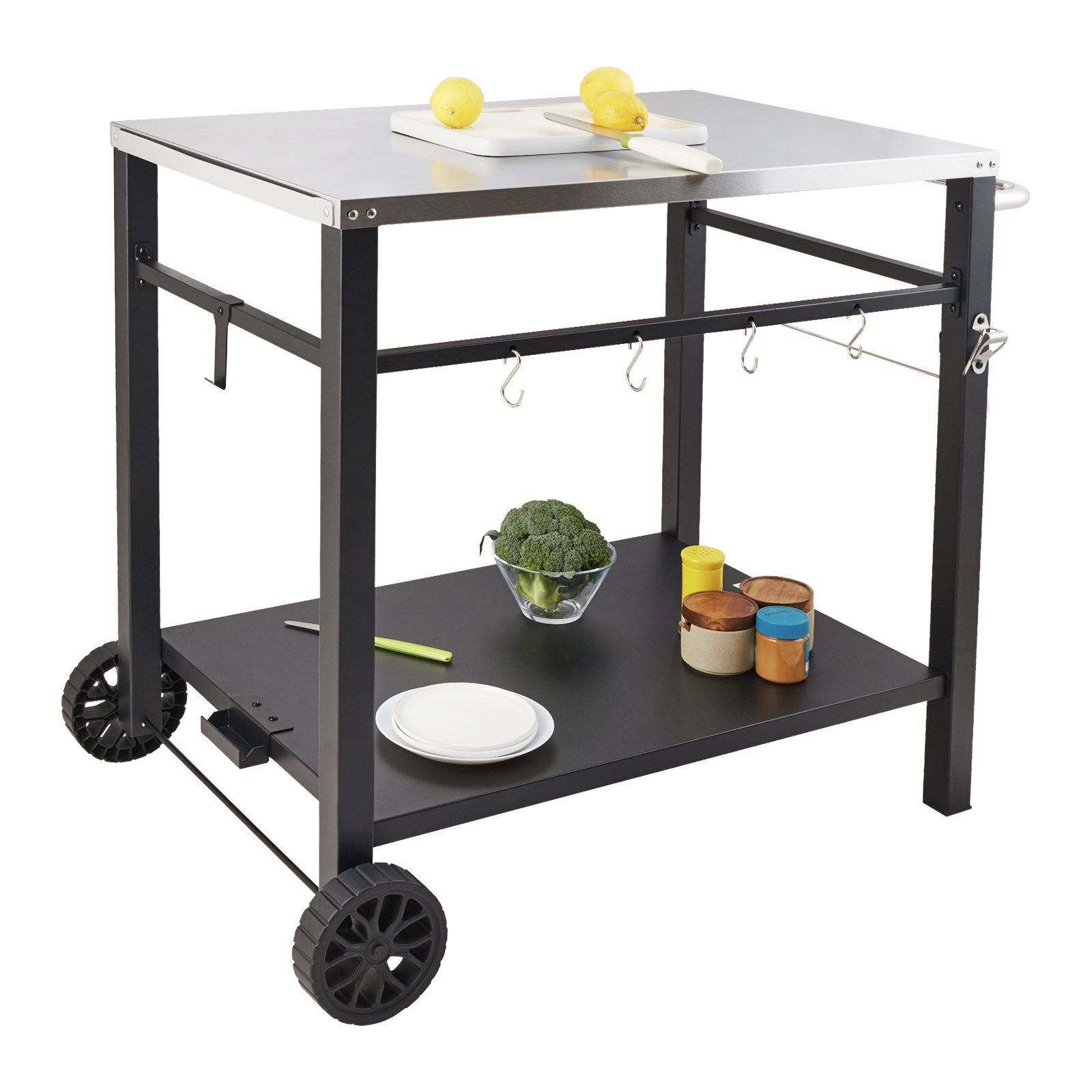 Outdoor Grill Movable Dining Cart w/ Double-Shelf Stainless Steel Table Top